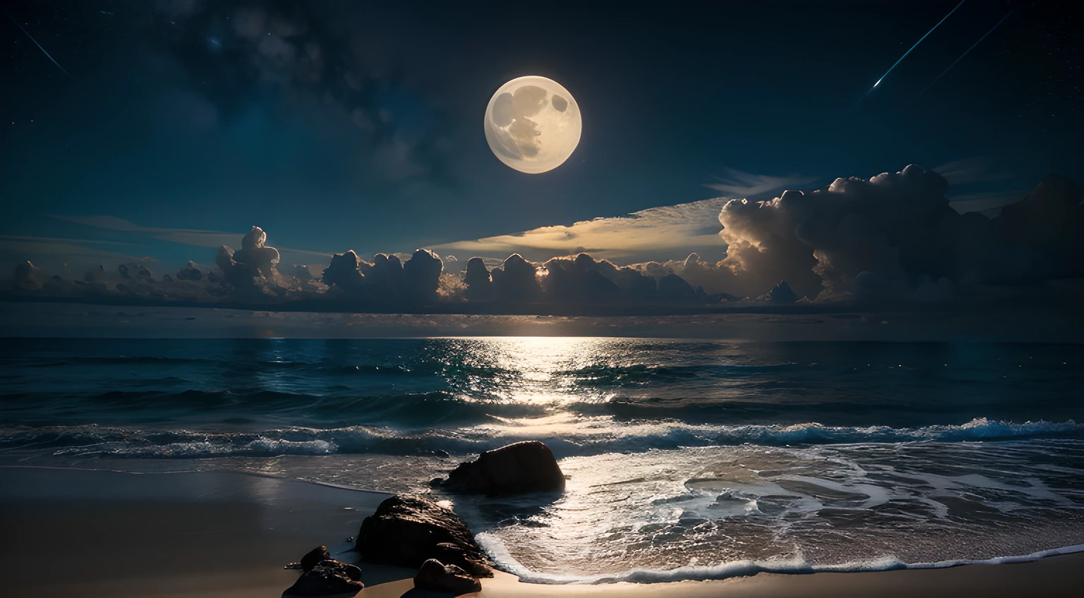 (moonlit night),(on the beach,crashing waves),(dramatic lighting),(silhouettes),(sparkling sand),(peaceful and relaxing atmosphere)