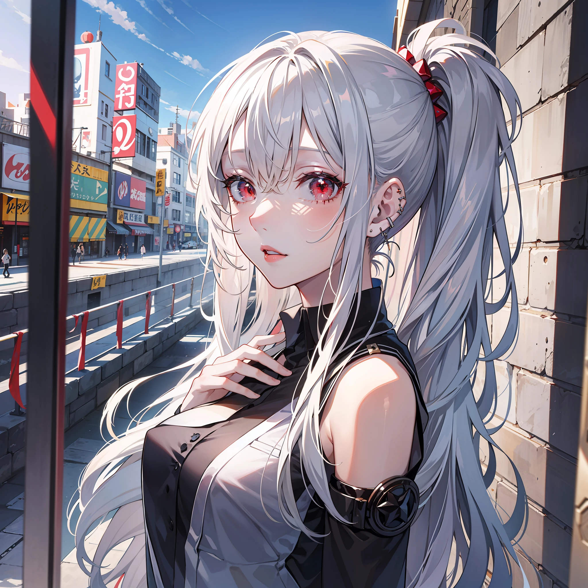 Kizi，（silber hair:1.5），Shiny hairstyle，Messy hairstyle，long whitr hair，耳Nipple Ring，（red - eyed:1.2），collofull eyes，Clear red lips，super detailing，Perfect face，Textured transparent garment，black uniforms，（perfect bodies:2.0），Retina Screen，ultra-realistic realism，style of anime，artistic décor，first person perspective，head portrait，（in a panoramic view:2.0），hyper HD。