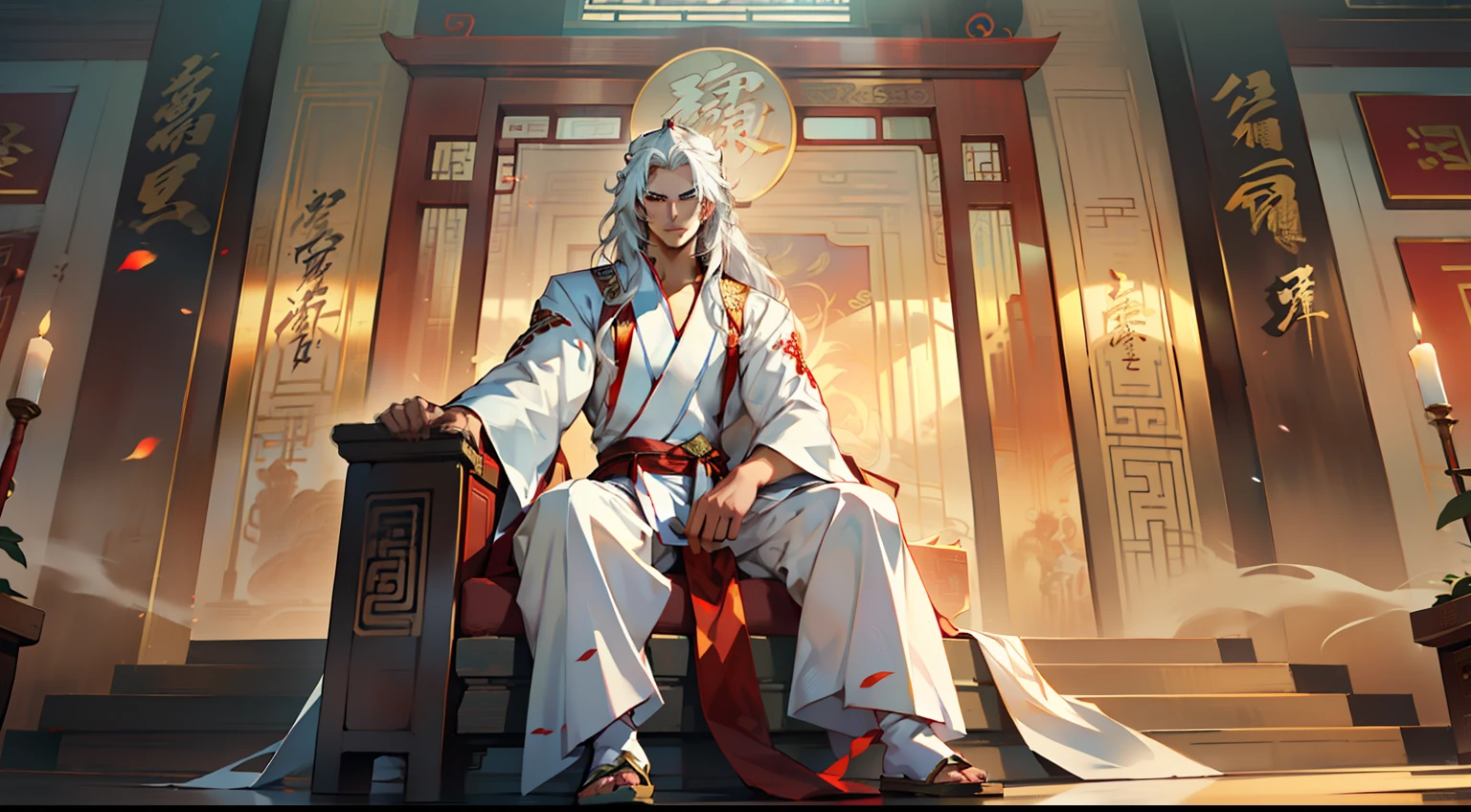 22, (1 person) (boy, ((white Hanfu youth)), (((Long white hair))), kingly air, gorgeous, handsome, outstanding temperament, sitting on the sacred throne, indifferent) (Background: Inside the sacred and magnificent ancient Chinese imperial palace).