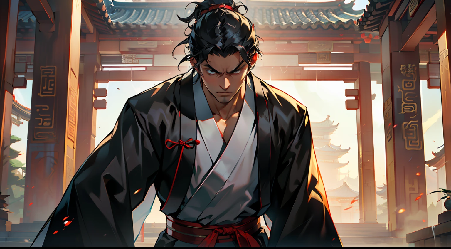 23, (person) (boy, (((Black coat))), ((Black Hanfu youth)), (((Black hair))), kingly air, gorgeous, handsome, outstanding temperament, tightly clenched his fists, wild gaze, ready for revenge) (Background: Inside the sacred and magnificent ancient Chinese imperial palace).