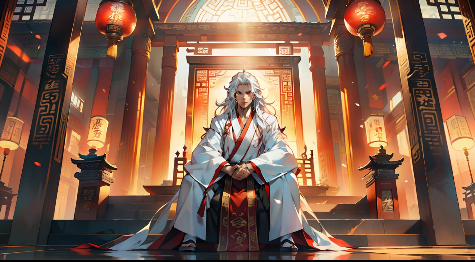 24, (1 person) (boy, ((white Hanfu youth)), (((Long white hair))), kingly air, gorgeous, handsome, outstanding temperament, sitting on the sacred throne, sneered) (Background: Inside the sacred and magnificent ancient Chinese imperial palace).