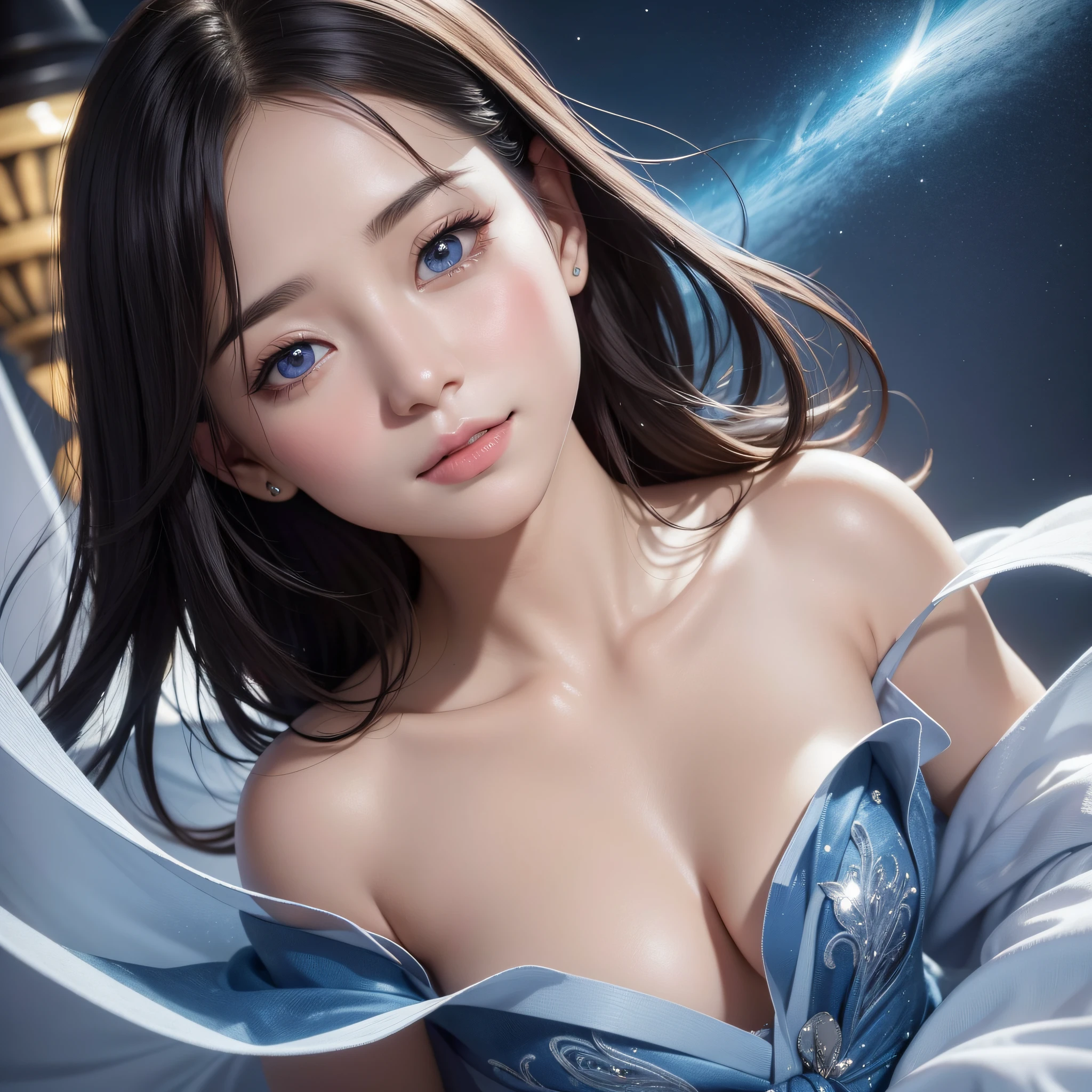 (Best Quality:1.5), (Hyper-realistic:1.2), (High resolution:1.5),Close-up RAW photos, Detailed textures, ultra-detailliert、Cinematic scene, Cinematic, fulcolor, 4K, 8K, 16k, masutepiece, Professional Photography、Very close to the viewer、Close-up of one person's face、eyes close up、(lipgloss、Eye lashes、Shiny face、shinny skin、depth of fields、chromatic abberation、Caustics、Wide range of lighting)、This eye is、Be part of a beautiful smile。It's like the universe expands、The universe is delicately depicted。They are quite feminine eyes.、Everyone will be drawn in by its charm。My eyes are moist、Shine like tears。The glow is like a star々It seems to be flying in space.、Mysterious and enchanting。Her beautiful eyes are、Capture the hearts of the beholders、I was impressed。The expression of this eye is calm and、、、、Oozing joy or affection。That smile is heartwarming.、It will bring happiness to the viewer.。The eyes of this pretty woman are、It is like a gemstone with the mystical glow of the universe.、It brings viewers a feast of deep emotions and beauty.。Its shining eyes are、It imprints an eternal impression on the viewer's mind.。This headshot is very high quality、、Due to very high resolution、Vivid depiction of every detail。Elaborate CG(conputer graphics)By the technology of、It is a realistic expression.、You can feel the realism as if it were real..。Especially the background is beautiful and it can be said that it is a masterpiece、Delicately drawn to the smallest detail。Intricate details in the background、Representation of light and shadow、How to use colors、The depiction of the environment is in perfect harmony。Therefore、The whole picture has the perfection of one beautiful picture。Headshots are not just projected objects.、Background and surrounding environment are also important factors.、What's in this headshot, The background complements the subject、You can see that it makes its beauty even more prominent.。 This headshot is、It is a masterpiece created by creators with excellent CG technology and artistic talent.、Viewers々It will give you a deep impression and surprise。
