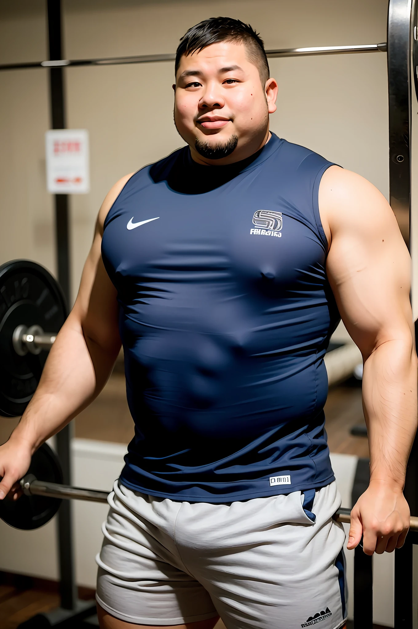 sports arena，track suit，Chinese fat man，short detailed hair，Board inches，Fat and strong，musculature，barbell，athlete，Fitness，Close your eyes and smile，Wear underwear，vests