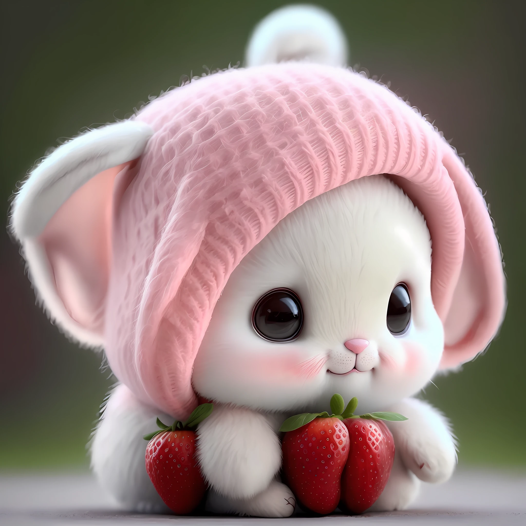 : 3. bunny, cartoon, furry animal, apple, black eye, blush, cherry, food, fruit, full body, hat, non-human, strawberry, tomato, watermelon, cute, cartoon