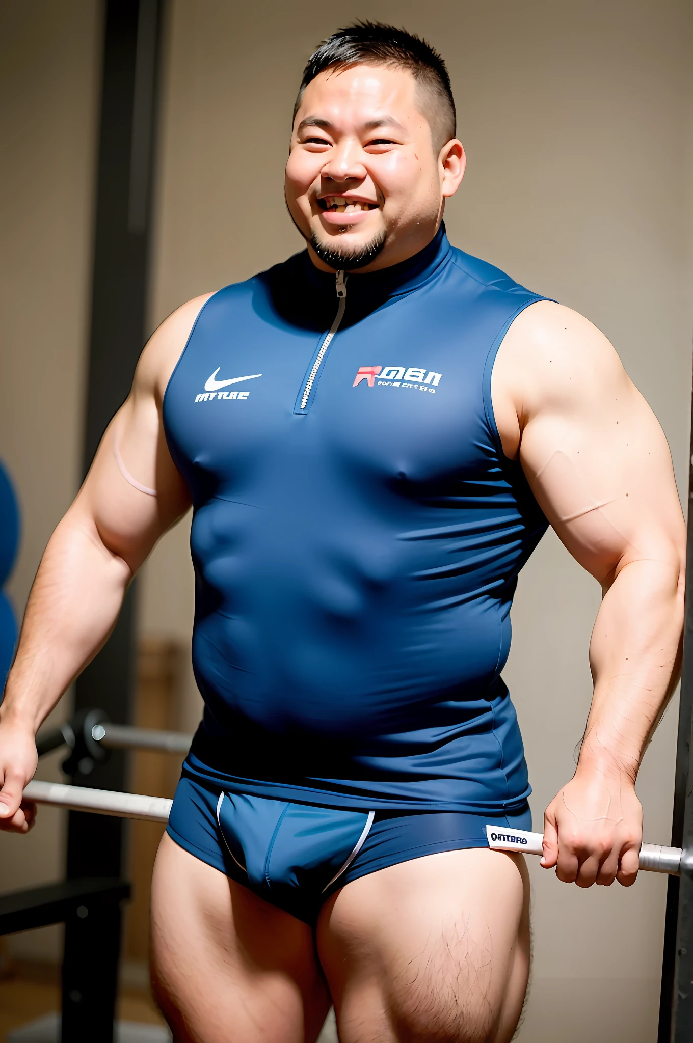 sports arena,track suit,Chinese fat man,short detailed hair,Board inches,Fat and strong,musculature,barbell,athlete,Fitness,Close your eyes and smile,Wear underwear,vests
