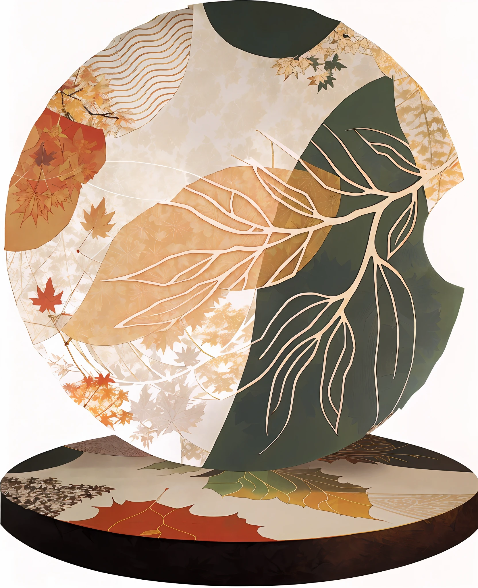 On the stand there is a plate with a pattern, light toned, Autumn, circular design, overlaid with aizome patterns, author:Paulo Davis, representing the 4 seasons, Colorful leaves, wind blowing leaves, Fractal leaves, leaves trap, center view, inspired by Maki Haku, japonisme, Inspired by Charles Rocca