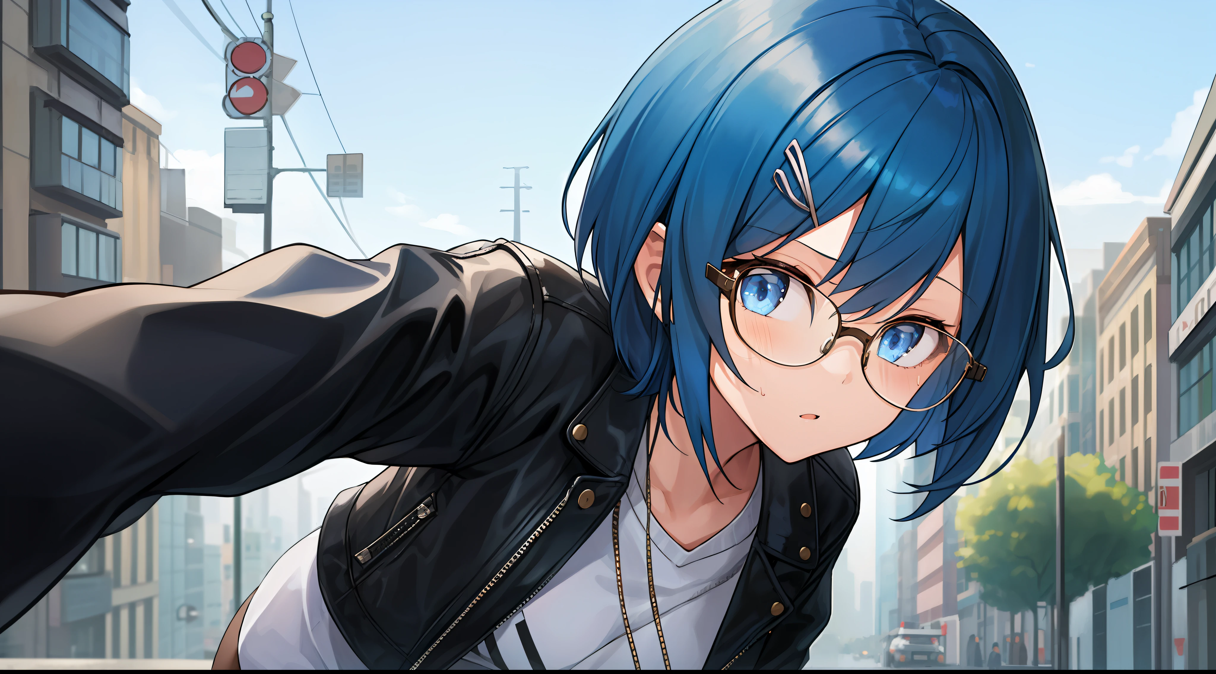 best quality, masterpiece, ultra hi res, (((1 girl))), short hair, ((blue hair)), sexy expression, glasses, hairpin, streetwear, leather jacket, urban background, cute face,