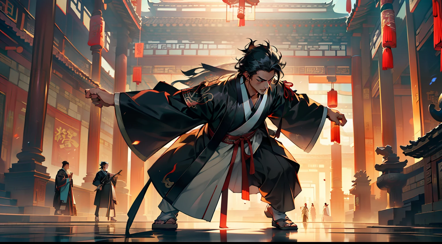 27, (1 person) (boy, (((Black coat))), ((Black Hanfu youth)), (((Black hair))), kingly air, gorgeous, handsome, outstanding temperament, suddenly displayed his body movement skills and swiftly pounced forward) (Background: Inside the sacred and magnificent ancient Chinese imperial palace).