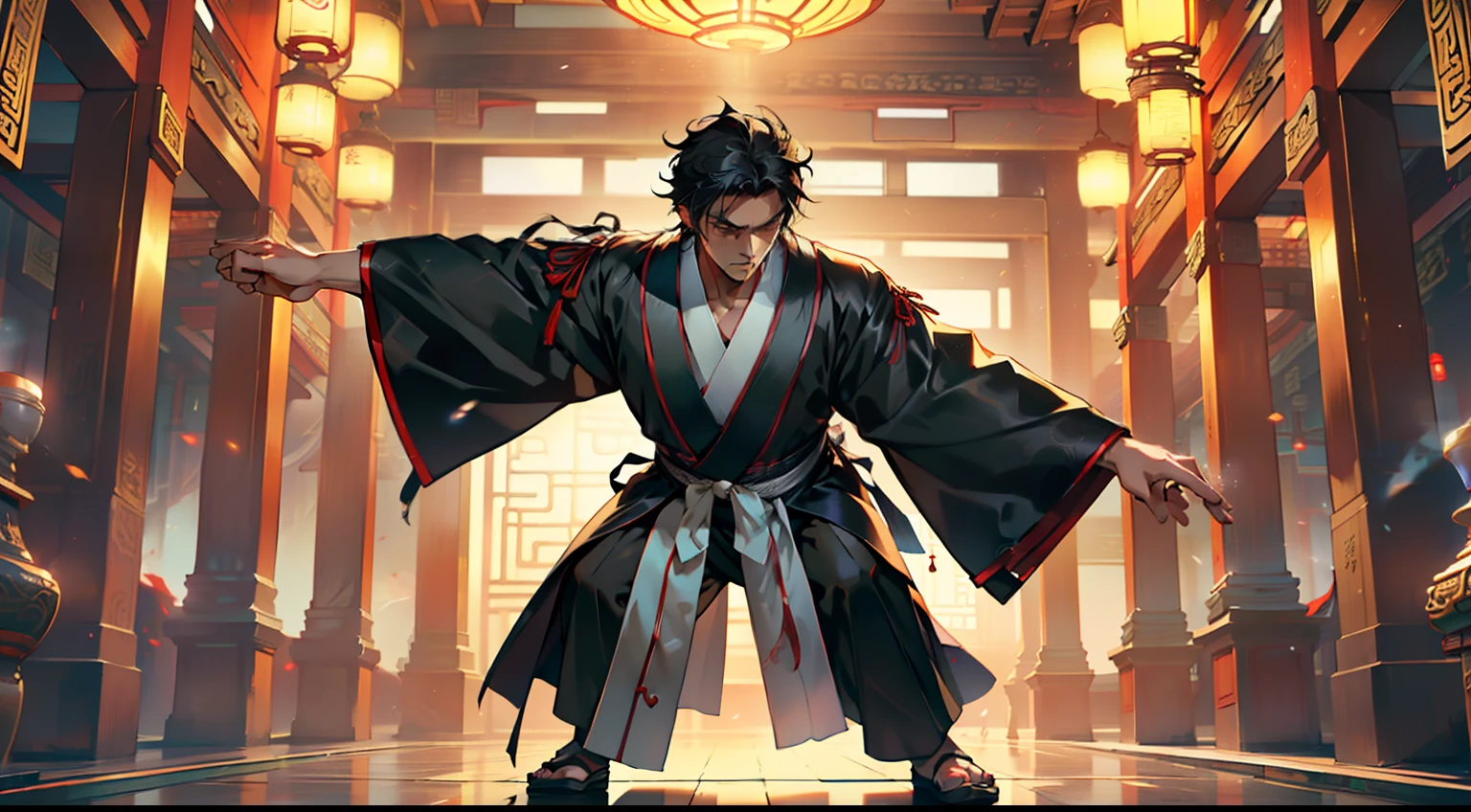 27, (1 person) (boy, (((Black coat))), ((Black Hanfu youth)), (((Black hair))), kingly air, gorgeous, handsome, outstanding temperament, suddenly displayed his body movement skills and swiftly pounced forward) (Background: Inside the sacred and magnificent ancient Chinese imperial palace).
