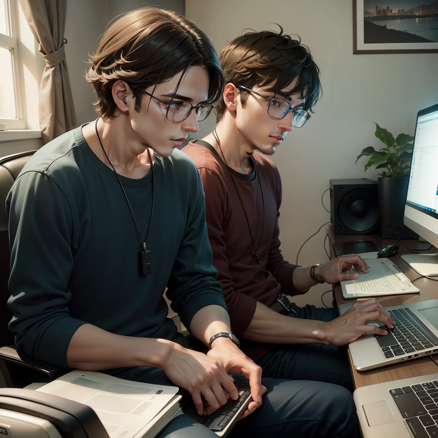 Two men sitting in front of a computer