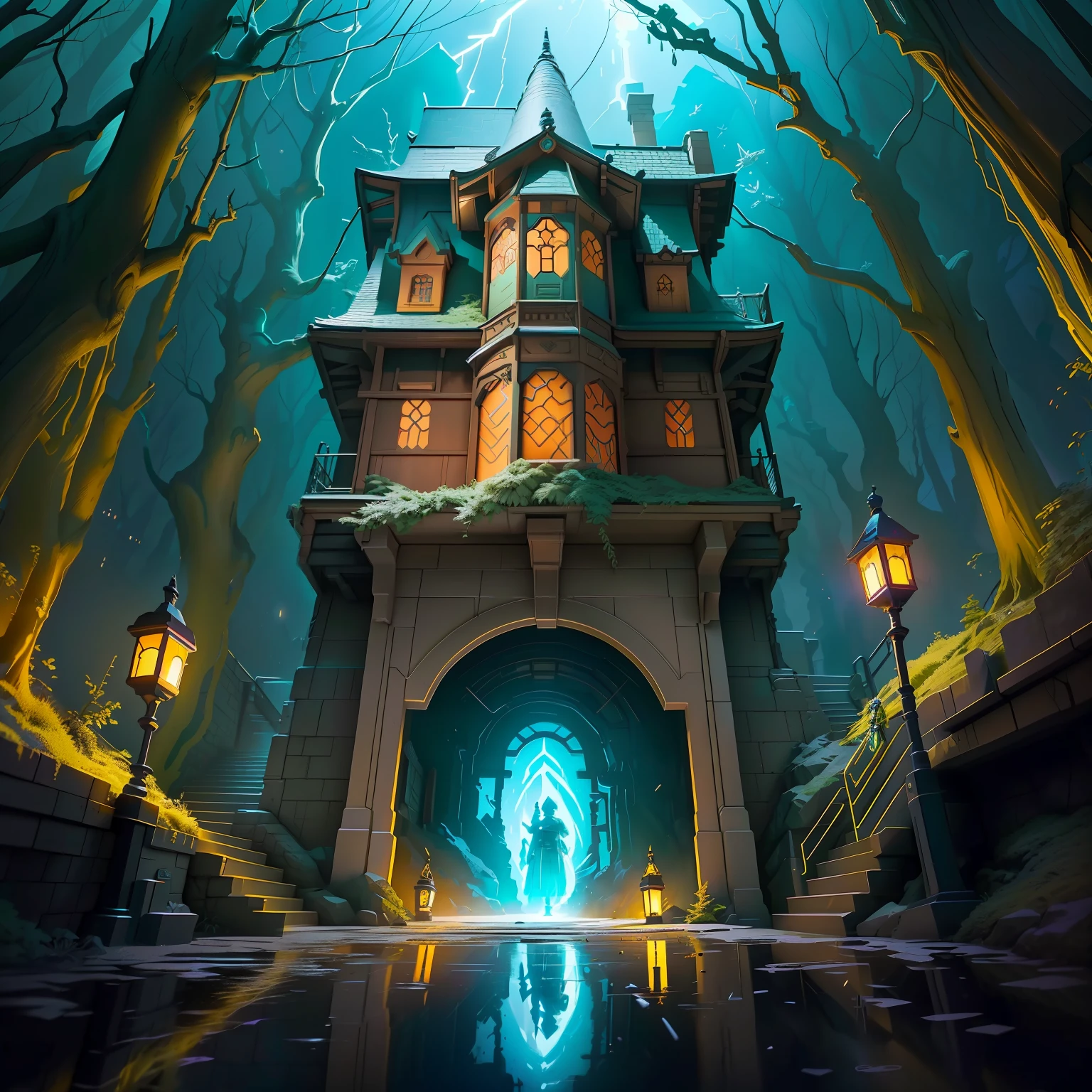 "Realistic,Real life,Beautiful elf dungeon,Night,glowworm,in style of laurie greasley,by Ghibli Studio,Akira Toriyama,James Gilead,Genshin Impact,trending pixiv fanbox,acrylic palette knife,4K,Vibrant colors,devinert,trending on artstationh"