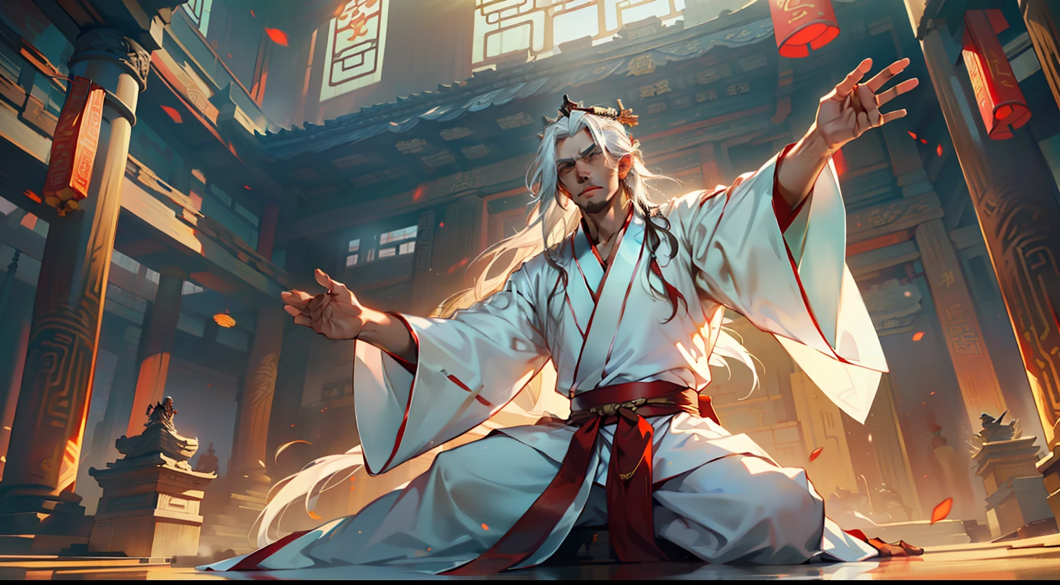 28, (1 person) (boy, ((white Hanfu youth)), (((Long white hair))), kingly air, gorgeous, handsome, outstanding temperament, sitting on the sacred throne, raised his hand and easily blocked the enemy's attack, and then counterattacked with a punch) (Background: Inside the sacred and magnificent ancient Chinese imperial palace).
