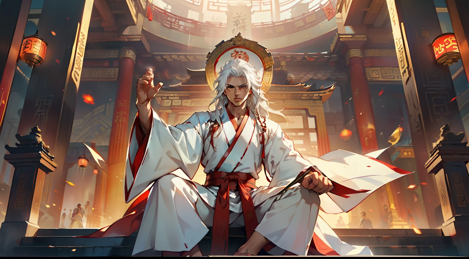 28, (1 person) (boy, ((white Hanfu youth)), (((Long white hair))), kingly air, gorgeous, handsome, outstanding temperament, sitting on the sacred throne, raised his hand and easily blocked the enemy's attack, and then counterattacked with a punch) (Background: Inside the sacred and magnificent ancient Chinese imperial palace).