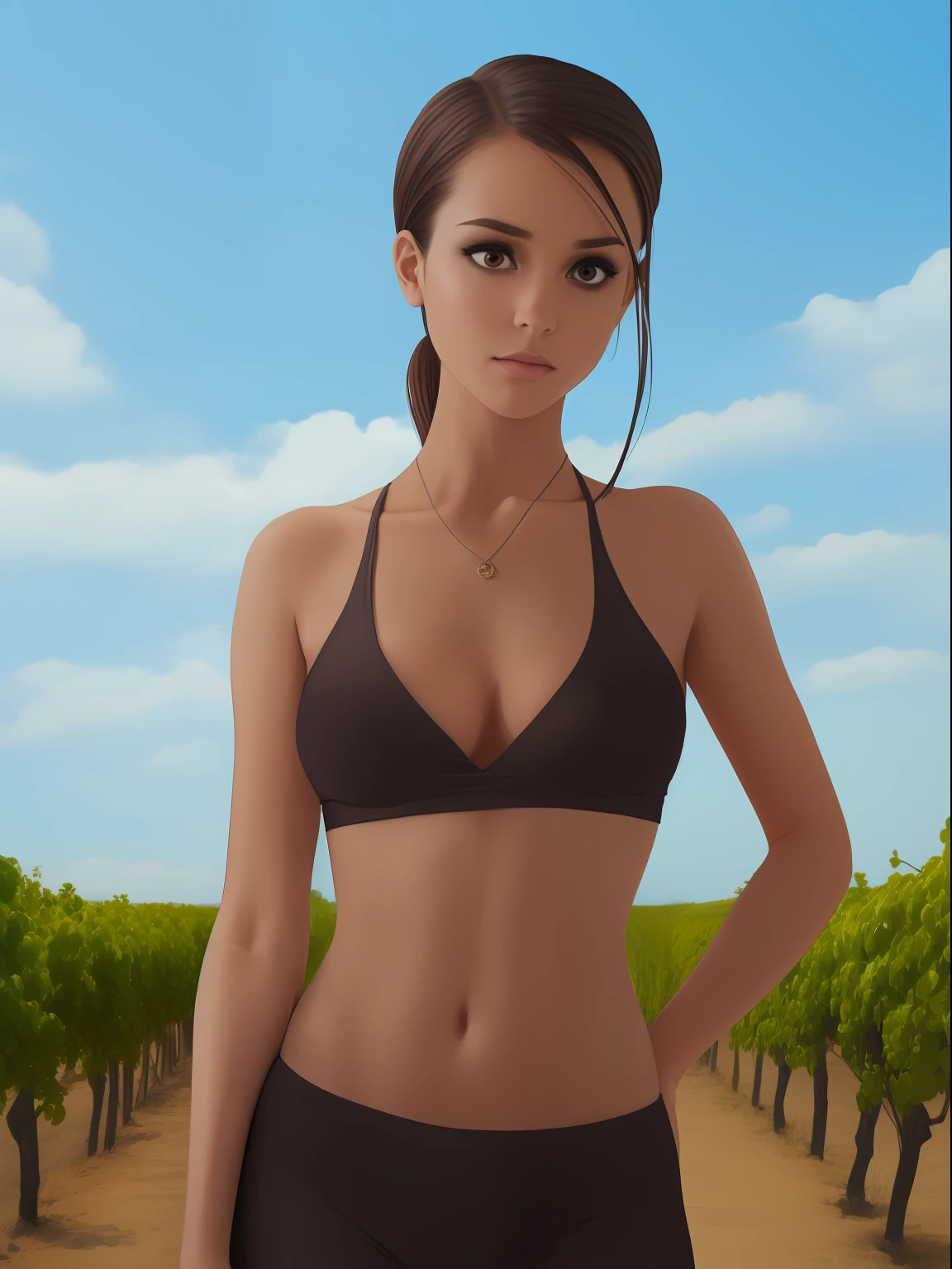 She looks a bit like Jessica Alba, Beautiful Brazilian girl, brown hair in a ponytail, 18 years old, beautiful thin figure symmetrical eyes, (beautifully detailed face, beautiful detailed eyes), dramatic lighting, (photo realism:1. 4), realistic, sharp focus, HD, highly complex, intricate, photography, hyperrealism, hyperrealistic, raytracing, physics-based rendering, ((8k, RAW photo, masterpiece), High detail RAW color photo, (highest quality), (best shadow), (best illustration), ultra high resolution, highly detailed CG unified 8K wallpapers), rim lighting, vivid color, post-processing, vibrant, color grading, Posing in a vineyard, wearing tight leggings and a sports bra, showing her butt, holding a glass of white wine