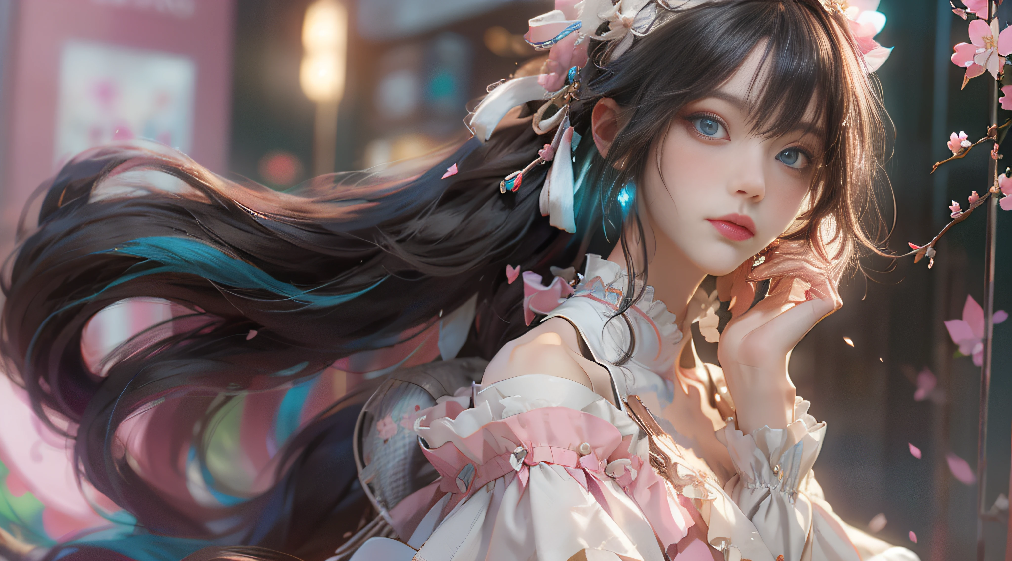 （（best qualtiy））， （（tmasterpiece））， （detail：1.4）， Beautiful cyberpunk female images，hdr（HighDynamicRange），Ray traching，NVIDIA RTX，Hyper-Resolution，illusory 5，sub surface scattering，PBR textures，post-proces，Anisotropy Filtering，depth of fields，maximum definition and sharpness，Many-Layer Textures，Albedo e mapas Speculares，Surface coloring，Mitsu-Accurate simulation of material interactions，perfectly proportioned，rendering by octane，Two-colored light，largeaperture，Low ISO，White balance，Rule three points、8K raw data、Beautiful bright blue pupils，off-the-shoulder clothes，Fine pupils，Delicate face and eyes，long eyelasher，Blushlush，Delicate and fluffy hair，pink lip，Pure，Cute face，Sweet girl，Artistic sense，Casual wear，Advancedsense，butterflys，Cherry blossom petal，Beautiful hair accessories，Long hair and waist，Hair fluttering in the wind，Snow-white fox ears，curlies