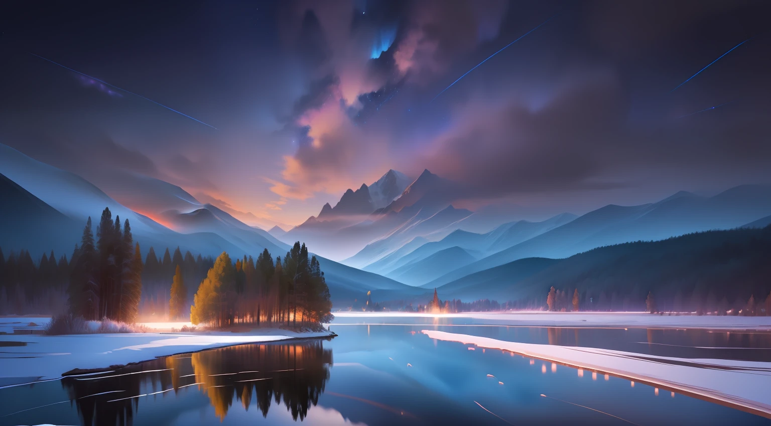 There is a lake with mountains and a view of the sky with stars, calm evening. Digital illustration, Beautiful art UHD 4 K, 4k highly detailed digital art, Real scenery, Photographic landscape wallpaper, 4 k hd illustrative wallpaper, 4 k hd wallpaper illustration, 8K HD wallpaper digital art, serene illustration,, Beautiful Peace Scene