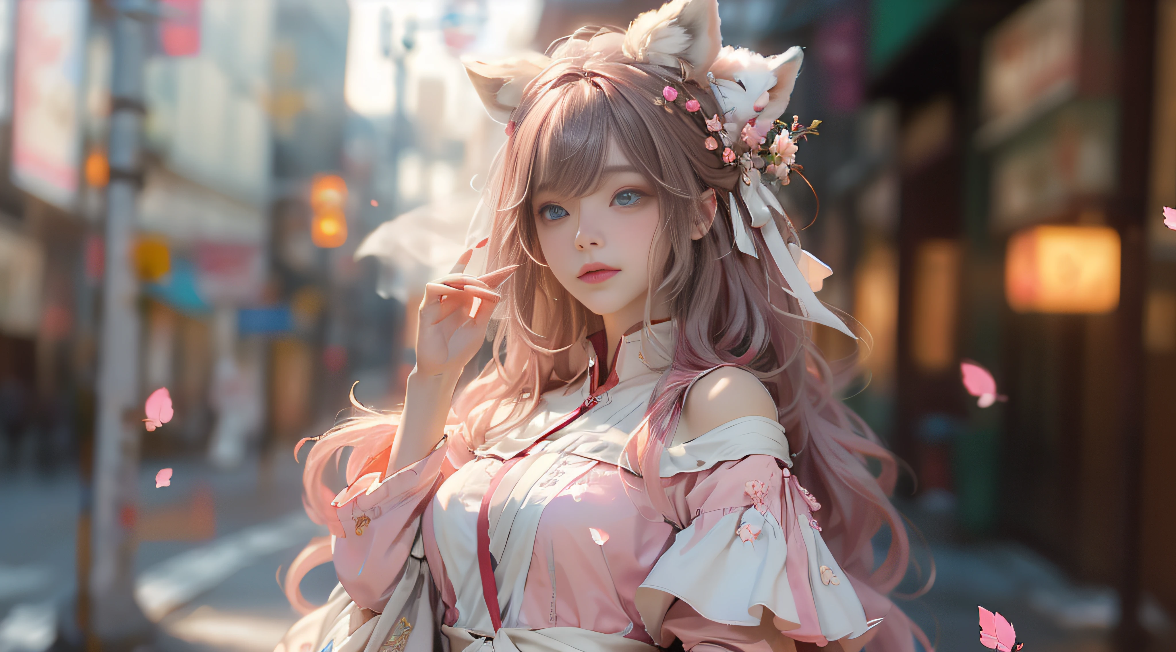 ((best qualtiy)), ((tmasterpiece)), (detail:1.4), Beautiful cyberpunk female images,hdr(HighDynamicRange),Ray traching,NVIDIA RTX,Hyper-Resolution,illusory 5,sub surface scattering,PBR textures,post-proces,Anisotropy Filtering,depth of fields,maximum definition and sharpness,Many-Layer Textures,Albedo e mapas Speculares,Surface coloring,Mitsu-Accurate simulation of material interactions,perfectly proportioned,rendering by octane,Two-colored light,largeaperture,Low ISO,White balance,Rule three points、8K raw data、Beautiful bright blue pupils,off-the-shoulder clothes,Fine pupils,Delicate face and eyes,long eyelasher,Blushlush,Delicate and fluffy hair,pink lip,Pure,Cute face,Sweet girl,Artistic sense,Casual wear,Advancedsense,butterflys,Cherry blossom petal,Beautiful hair accessories,Long hair and waist,Hair fluttering in the wind,Snow-white fox ears,curlies