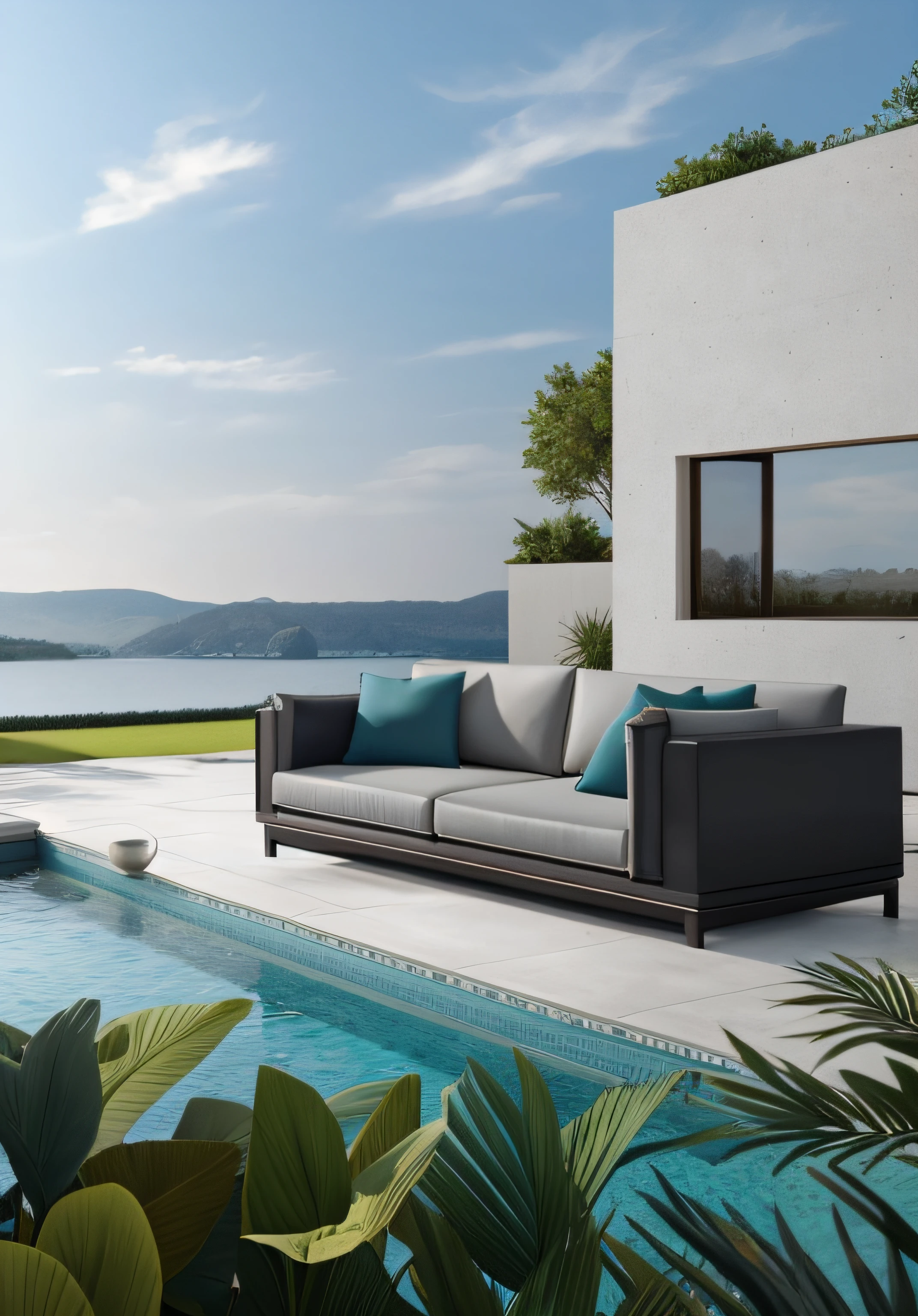 There is a sofa and a chair in the garden by the water, Reclining, advertisement picture, serene scene, ellegance, Elegant scene, sofe, Relaxing environment, 2 d cg, dramatic artwork, Cinematic , - H 7 6 8, new design, promo image, Peaceful environment, relaxing on a modern couch, elegant furniture, Leather sofa, luxurious furniture