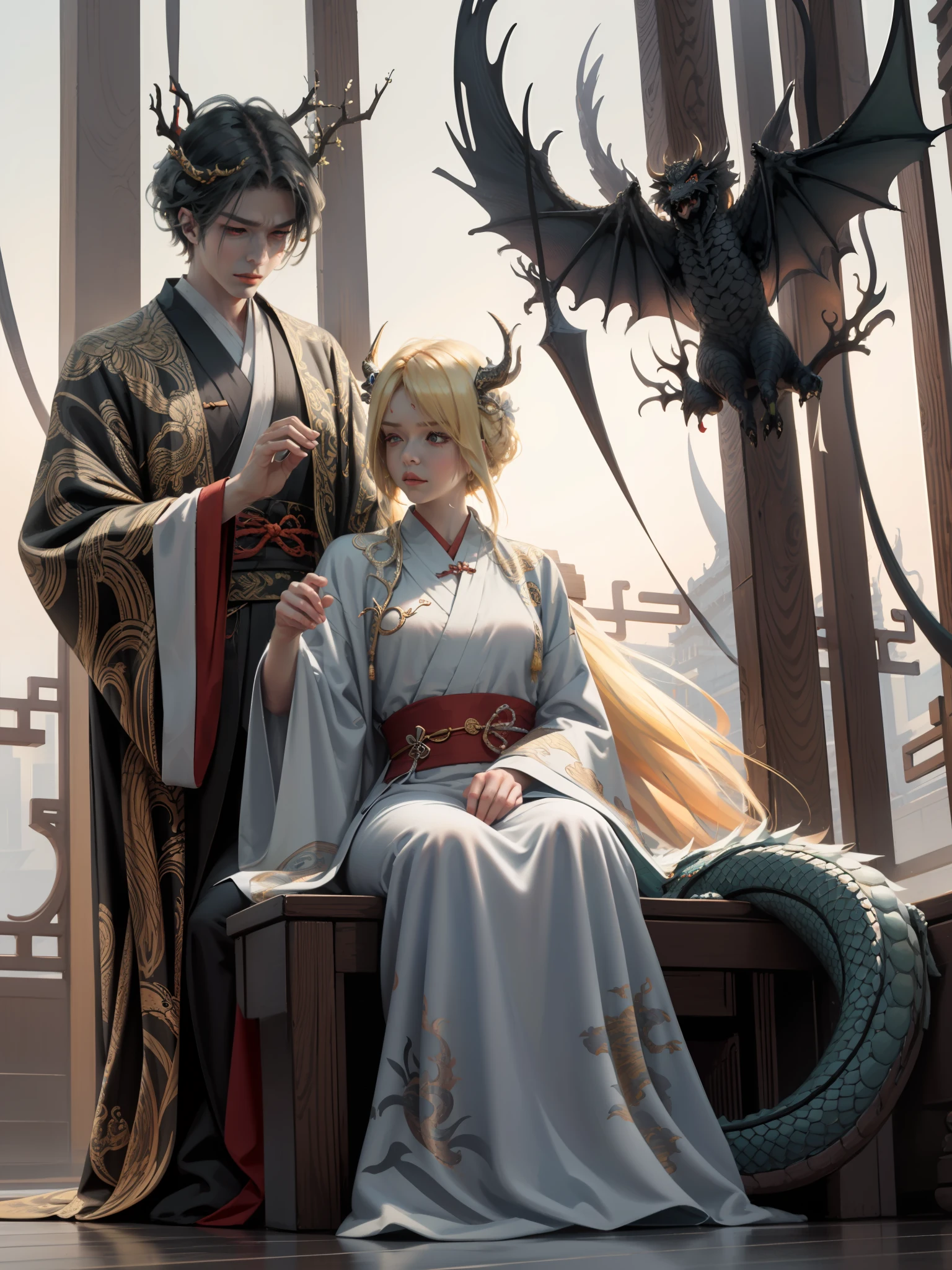 ultraclear,filigree,A Chinese dragon surrounds the man,The man crosses his hands to cast the spell,The man has dragon horns and blonde hair ornaments on his head,Hanfu,Natural light
