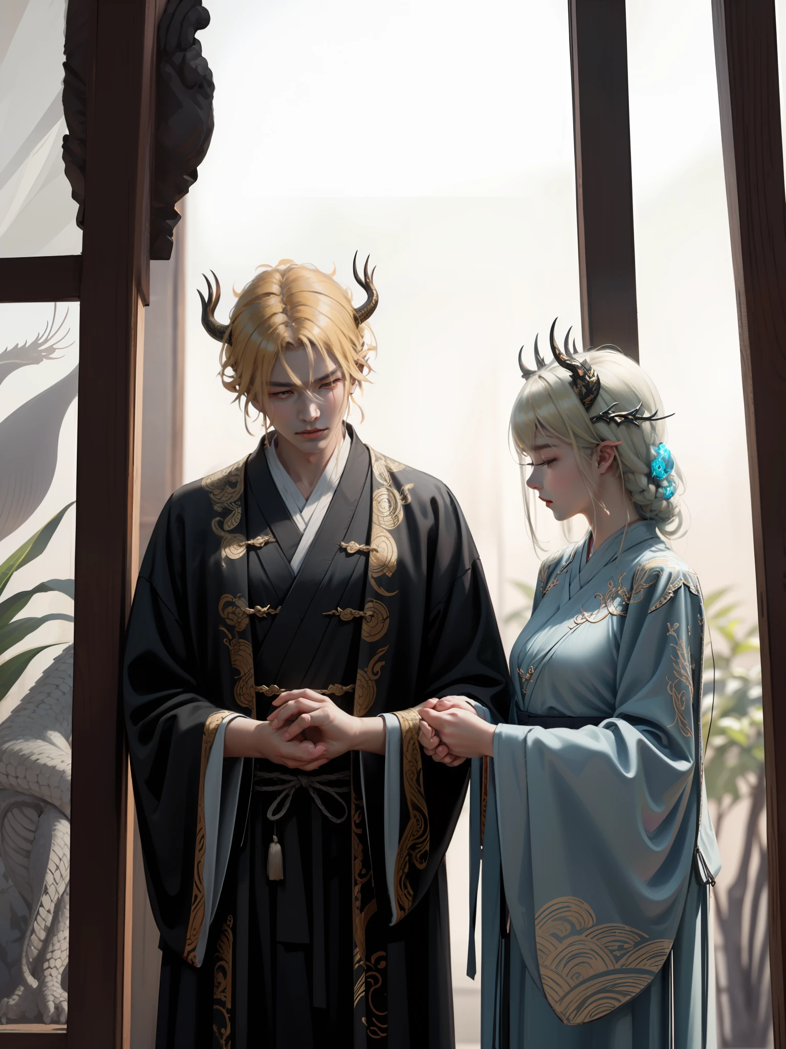 ultraclear，filigree，A Chinese dragon surrounds the man，The man crosses his hands to cast the spell，The man has dragon horns and blonde hair ornaments on his head，Hanfu，Natural light