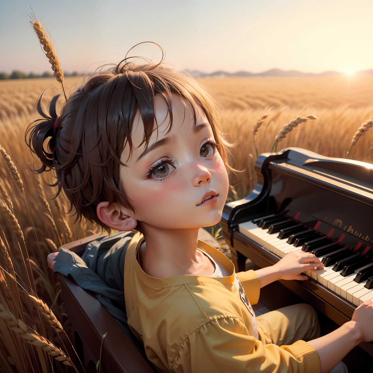 Boy playing piano in a wheat field，夏天，Golden sunshine，head looking up，Don't look at the viewer，8K