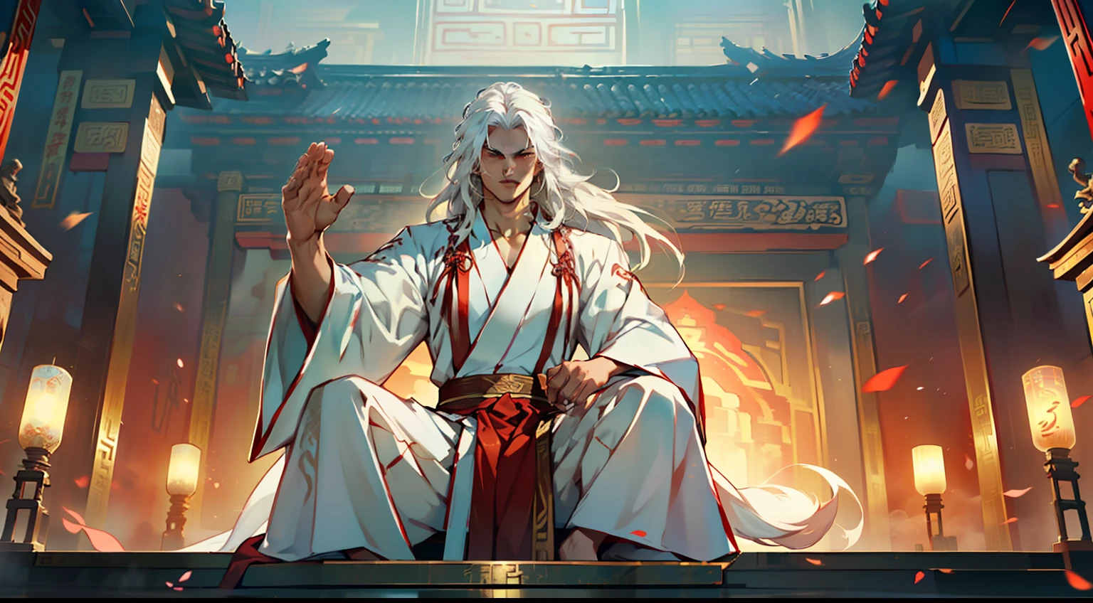 28, (1 person) (boy, ((white Hanfu youth)), (((Long white hair))), kingly air, gorgeous, handsome, outstanding temperament, sitting on the sacred throne, raised his hand and easily blocked the enemy's attack, and then counterattacked with a punch) (Background: Inside the sacred and magnificent ancient Chinese imperial palace).