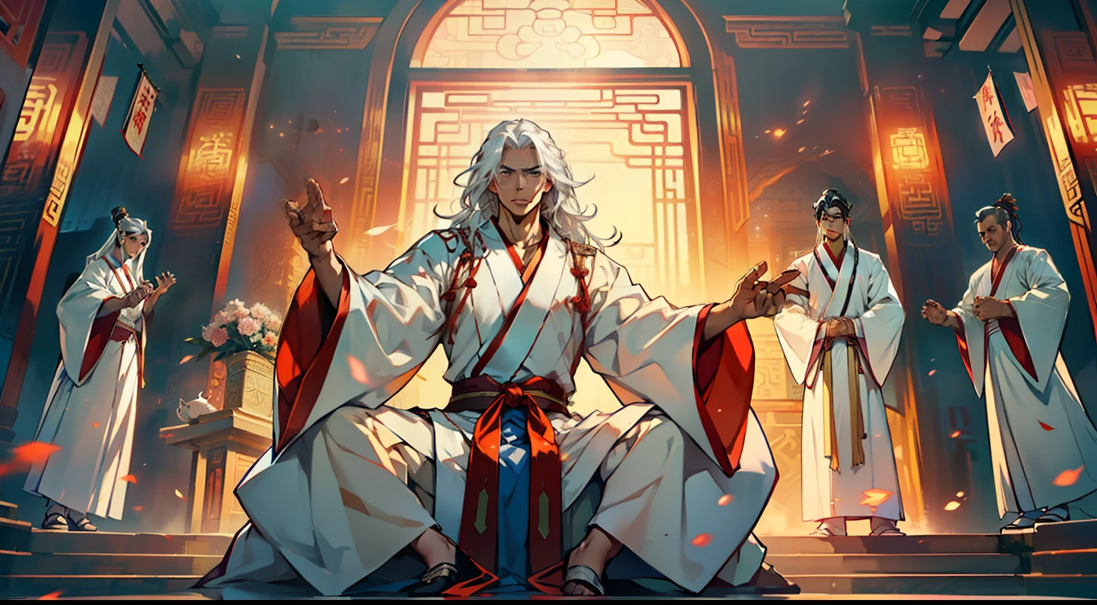 28, (1 person) (boy, ((white Hanfu youth)), (((Long white hair))), kingly air, gorgeous, handsome, outstanding temperament, sitting on the sacred throne, raised his hand and easily blocked the enemy's attack, and then counterattacked with a punch) (Background: Inside the sacred and magnificent ancient Chinese imperial palace).