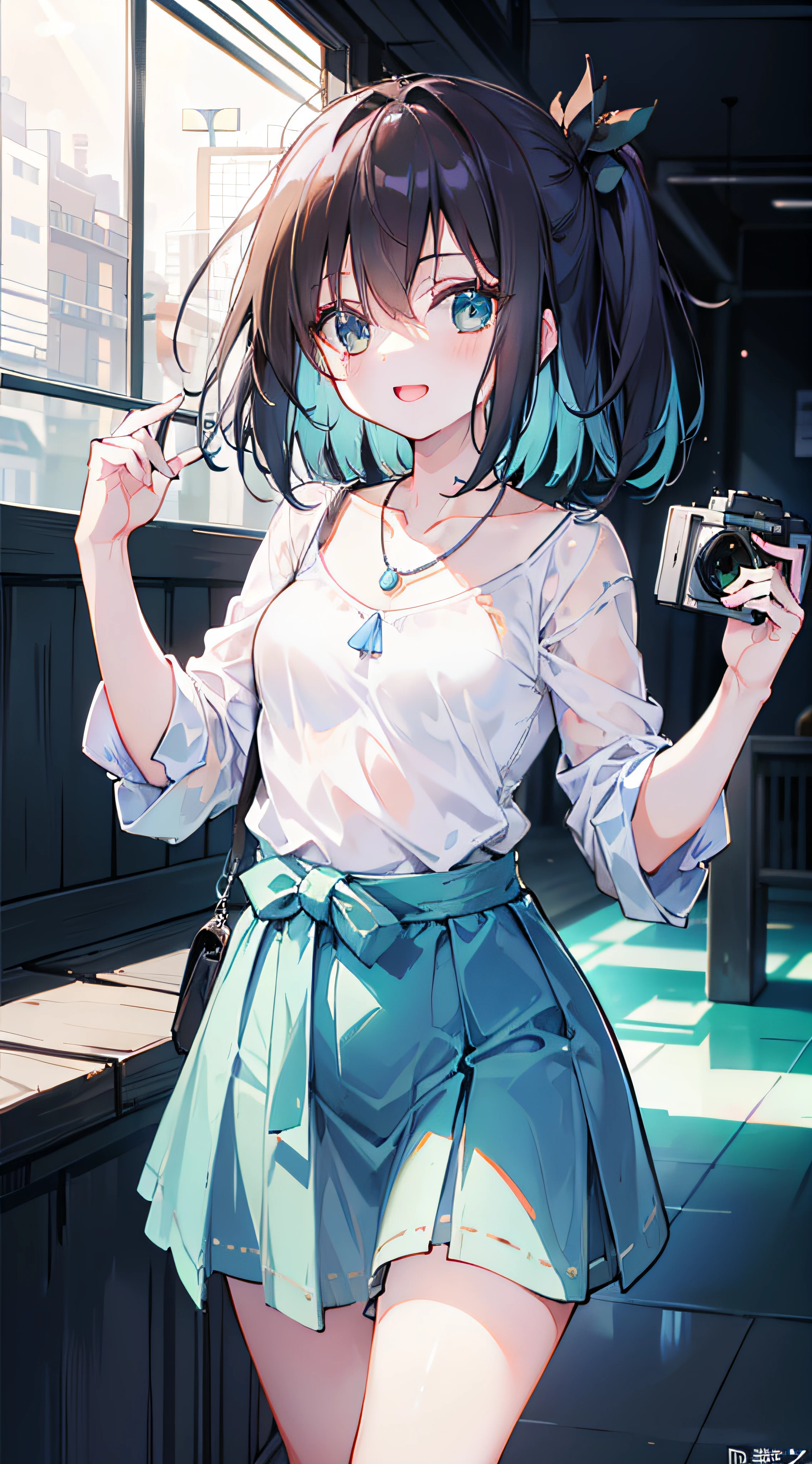 ((top-quality)), ((​masterpiece)), (detaileds:1.4),Style image of woman in white blouse and light blue skirt in bright city,Light shines on the whole figure ,Long, long hair to the waist,Hair Color Brown,Wearing a small necklace,long  skirt, long  skirt,summer clothing ,Looking at the camera、a smile、Woman laughing, modern casual clothing, casual clothing style, casual modern clothing, Laughing with open mouth， HDR(HighDynamicRange),Ray traching,NVIDIA RTX,Hyper-Resolution,Unreal 5,sub-surface Scattering,PBR Texturing,Postprocess,Anisotropy Filtering,depth of fields,Maximum clarity and sharpness,multi-layer texture,Albedo and specular maps,Surface Shading,Accurate simulation of light-material interactions,perfectly proportions,Octane Rendering,Two-tone lighting,Wide aperture,Low ISO、White Balance、thirds rule、8K RAW、