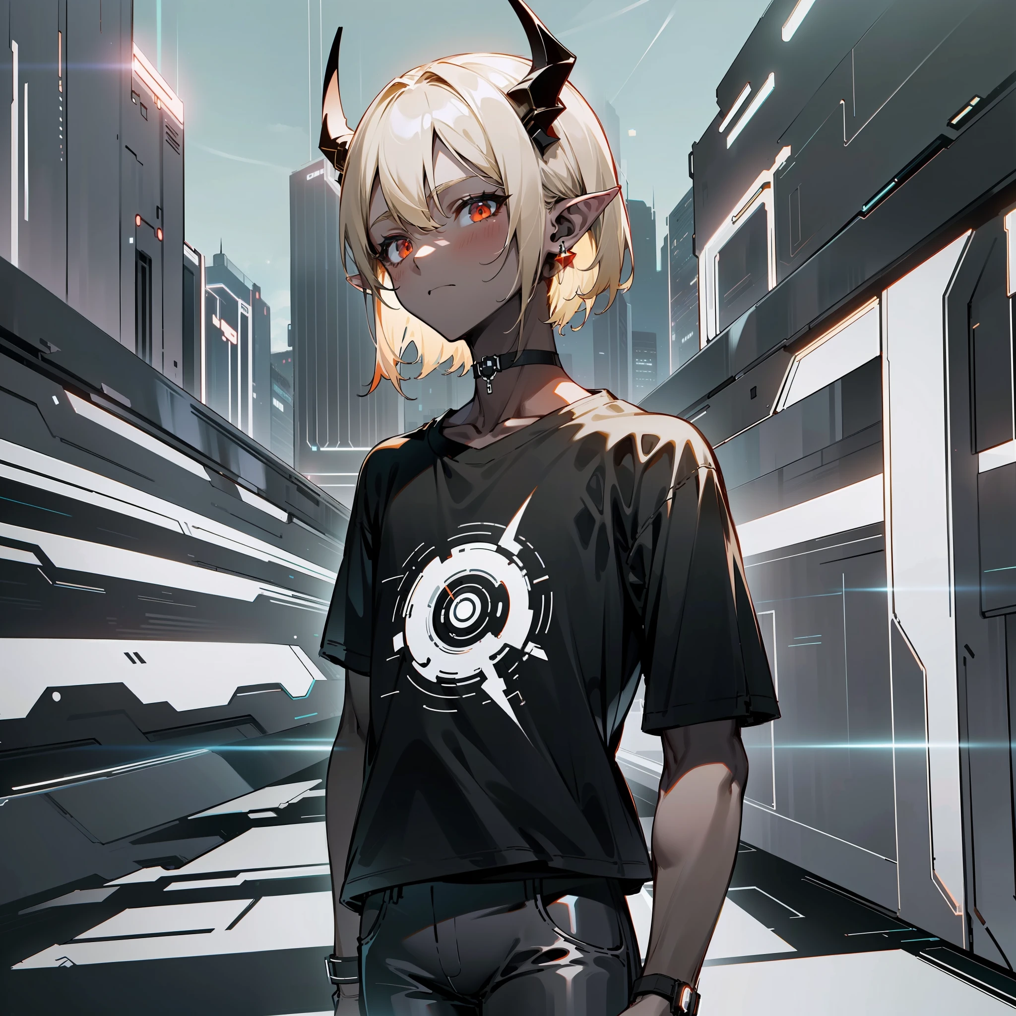 young man, (twink), (((male))), (((man))), (((one person))), ((single)), ((solo)), ((1guy)), (((light blonde hair))), ((medium short hair)), (chin-length hair), (straight hair), (((red colored eyes))), (((dark grey colored skin))), (((dark grey skin))), (dark grey-skinned), (dark-skinned), two horns on head, wearing a black choker, (((wearing a black oversized shirt))), wearing an oversized t-shirt, black clothes, loose t-shirt, (((slim body))), (((flat chest))), standing in a dark street, colorful neon lights in the distance, (((futuristic city))), (pointy ears), kpop style, futuristic background, (futuristic style), street fashion, ((tight black pants)), holding a black smartphone, (((nighttime))), (((darkness))), (((alone))), neutral expression, standing in the shadows, ((dark sky))