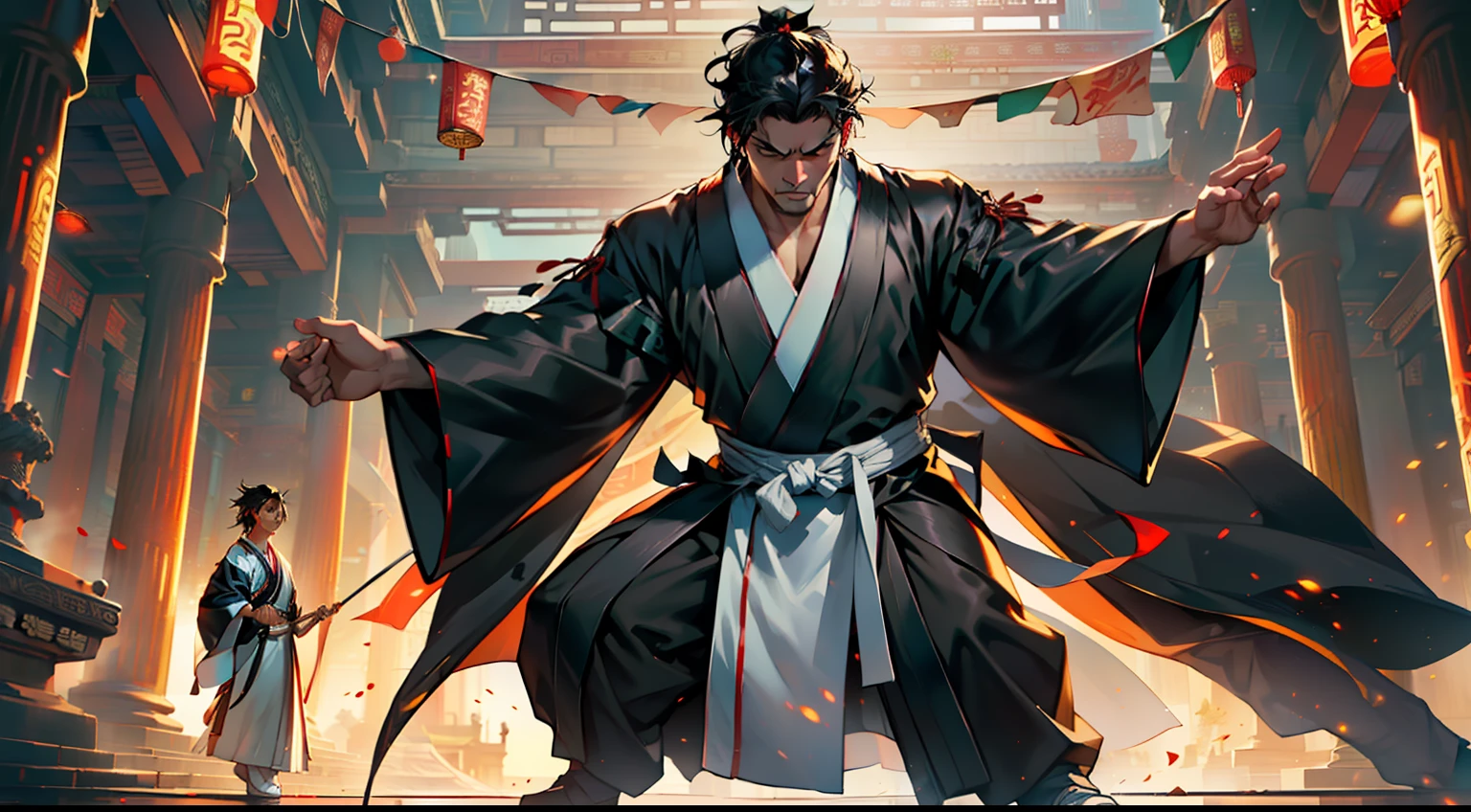 29, (1 person) (boy, (((Black coat))), ((Black Hanfu youth)), (((Black hair))), kingly air, gorgeous, handsome, outstanding temperament, deftly dodged the punches of the person in white clothes and counterattacked with agile movements) (Background: Inside the sacred and magnificent ancient Chinese imperial palace).