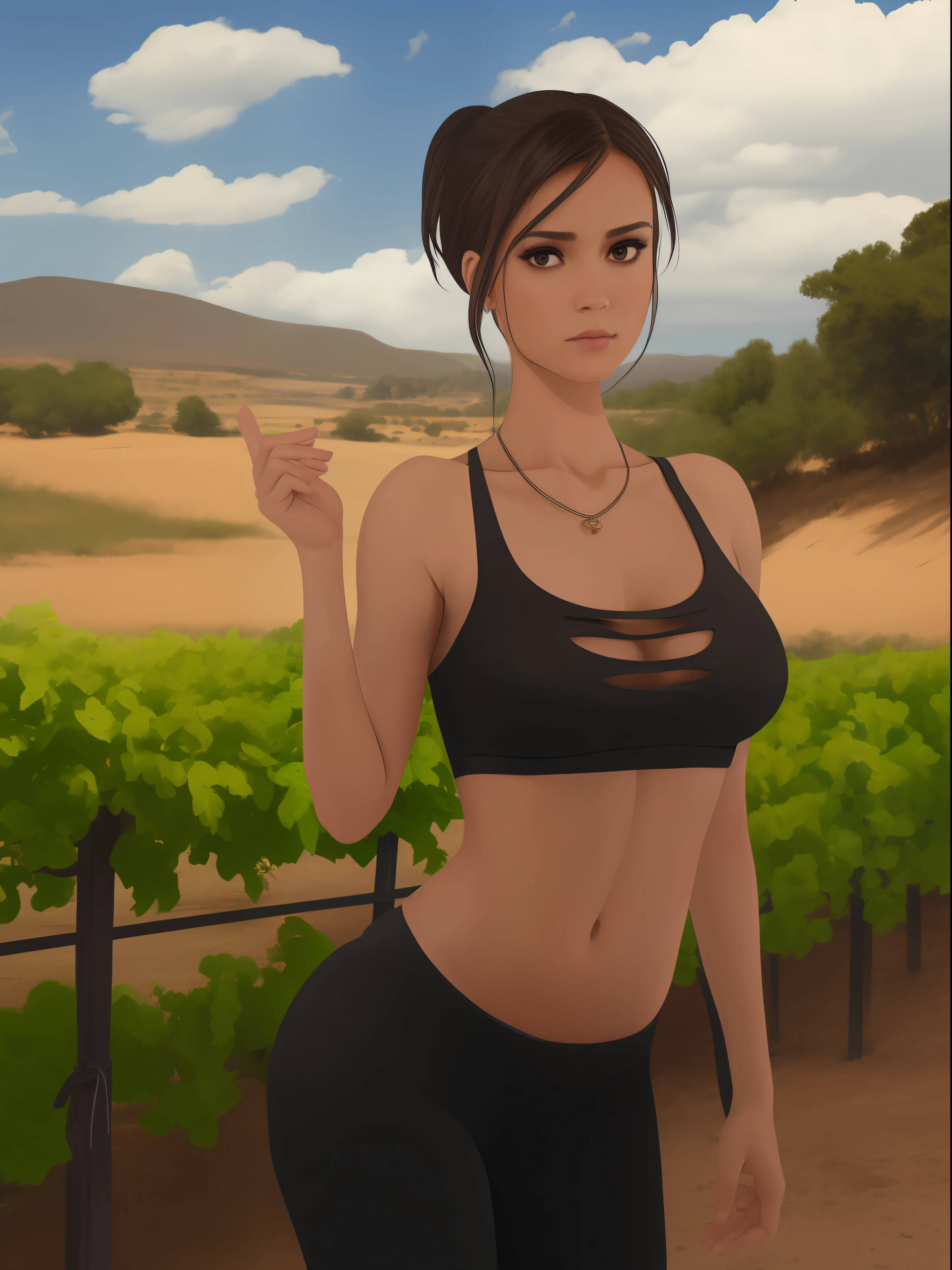She looks a bit like Jessica Alba, Beautiful Brazilian girl, brown hair in a ponytail, 18 years old, beautiful thin figure symmetrical eyes, (beautifully detailed face, beautiful detailed eyes), dramatic lighting, (photo realism:1. 4), realistic, sharp focus, HD, highly complex, intricate, photography, hyperrealism, hyperrealistic, raytracing, physics-based rendering, ((8k, RAW photo, masterpiece), High detail RAW color photo, (highest quality), (best shadow), (best illustration), ultra high resolution, highly detailed CG unified 8K wallpapers), rim lighting, vivid color, post-processing, vibrant, color grading, Posing in a vineyard, wearing tight leggings and a sports bra, showing her butt, holding a glass of white wine