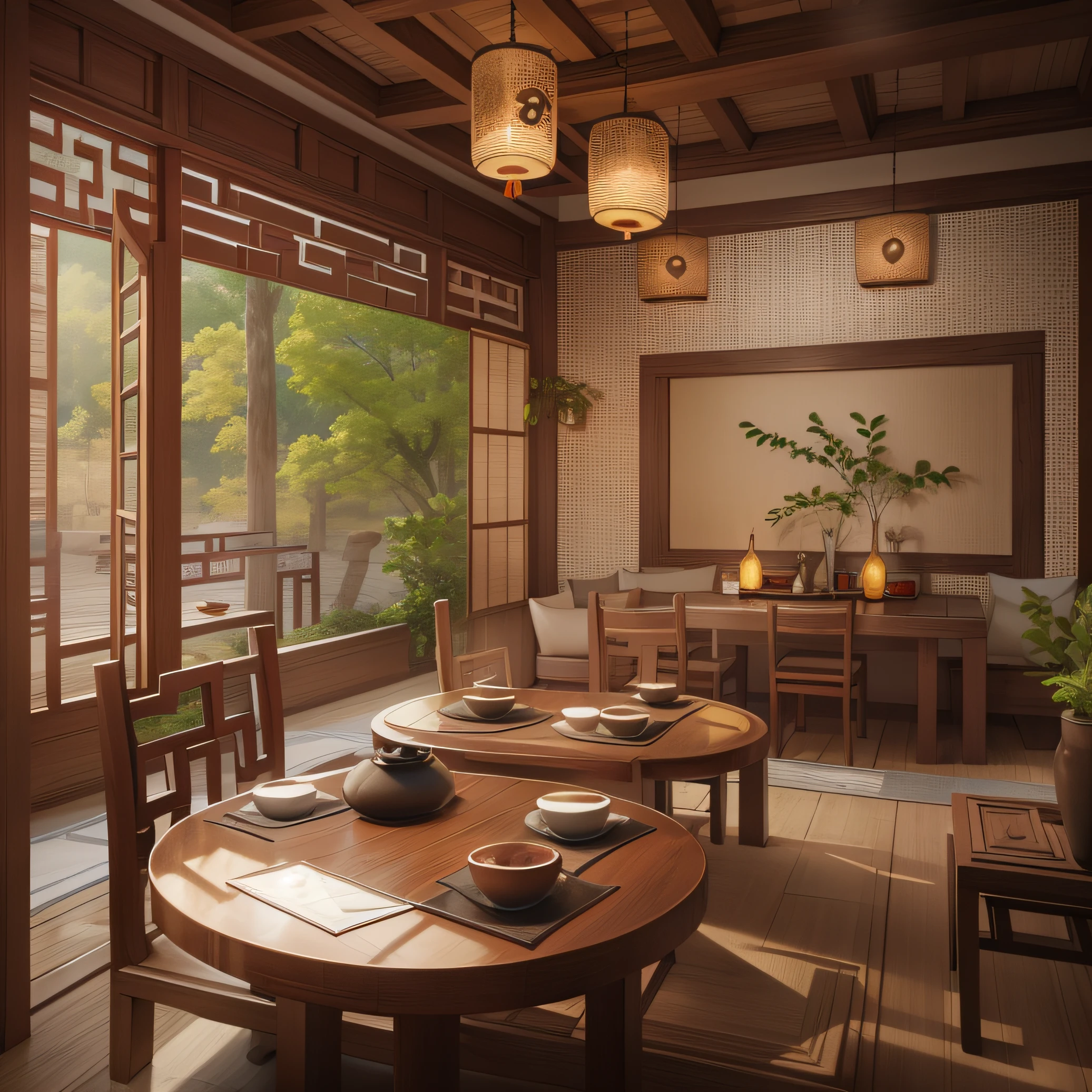 Interior rendering of a classical Han Chinese tea room