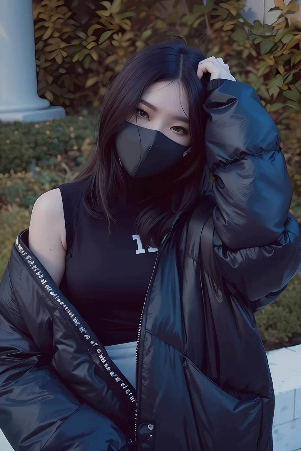 A woman wearing a black mask and a black jacket, blackpink jennie, portrait jisoo blackpink, Shin Jinying, jossi of blackpink, portrait of jossi of blackpink, bae suzy, jisoo of blackpink, jaeyeon nam, ulzzangs, jisoo from blackpink, Choi Hyun-hwa, Kim Tae-joon, She is seen wearing streetwear pieces, sun yunjoo