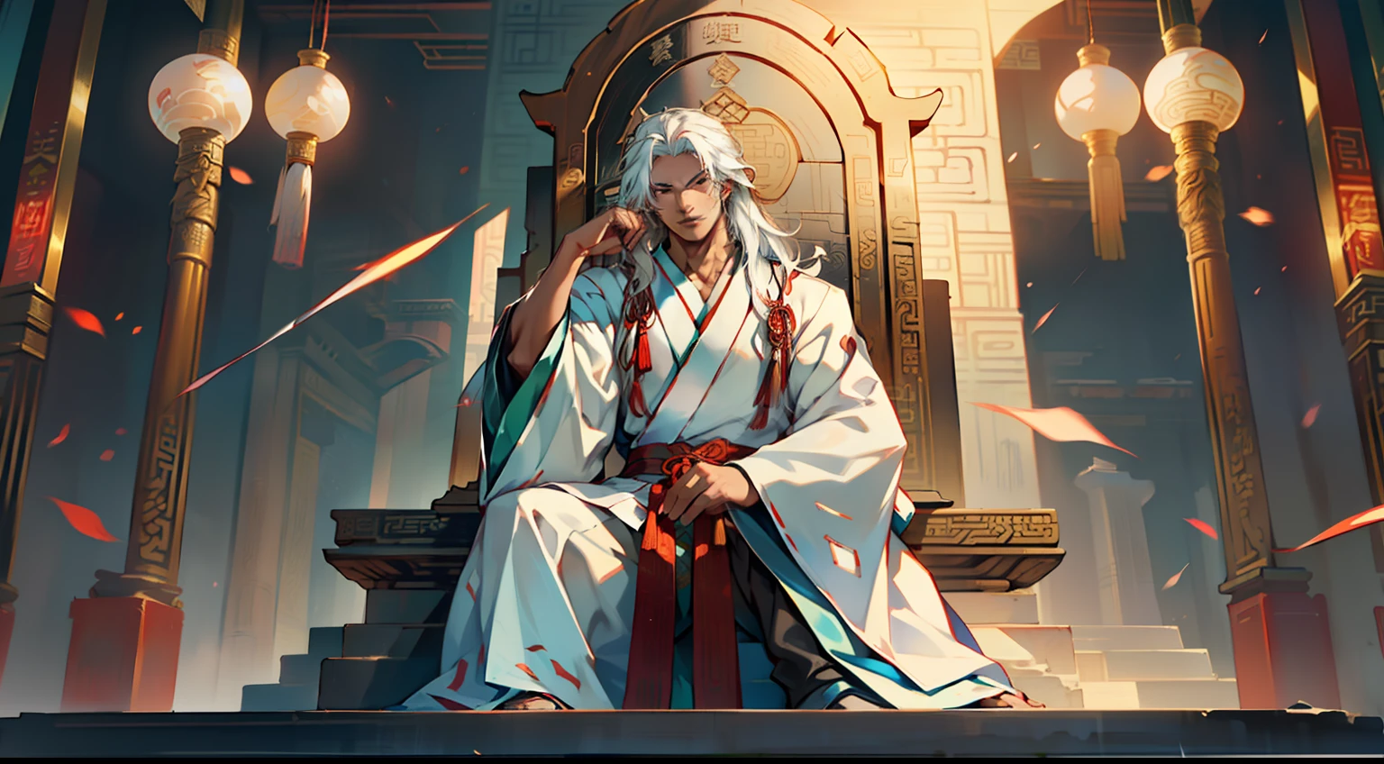 30, (1 person) (boy, ((white Hanfu youth)), (((Long white hair))), kingly air, gorgeous, handsome, outstanding temperament, sitting on the sacred throne, sneered, and displayed a unique skill, instantly turning into an illusion) (Background: Inside the sacred and magnificent ancient Chinese imperial palace).