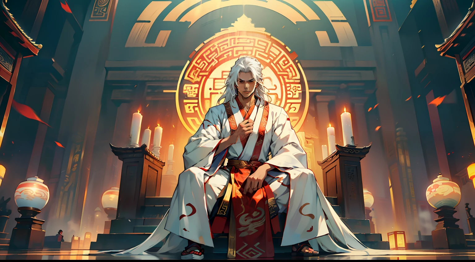 30, (1 person) (boy, ((white Hanfu youth)), (((Long white hair))), kingly air, gorgeous, handsome, outstanding temperament, sitting on the sacred throne, sneered, and displayed a unique skill, instantly turning into an illusion) (Background: Inside the sacred and magnificent ancient Chinese imperial palace).