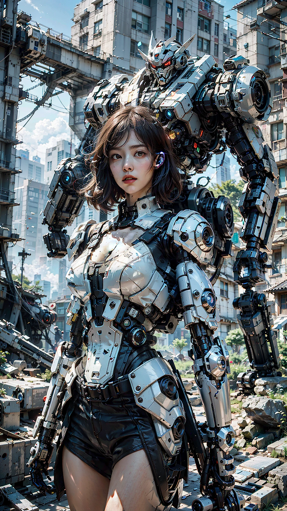 ((Best quality)), ((masterpiece)), (highly detailed:1.3), 3D,Shitu-mecha, beautiful cyberpunk women with her mecha in the ruins of city from a forgoten war, ancient technology,HDR (High Dynamic Range),Ray Tracing,NVIDIA RTX,Super-Resolution,Unreal 5,Subsurface scattering,PBR Texturing,Post-processing,Anisotropic Filtering,Depth-of-field,Maximum clarity and sharpness,Multi-layered textures,Albedo and Specular maps,Surface shading,Accurate simulation of light-material interaction,Perfect proportions,Octane Render,Two-tone lighting,Low ISO,White balance,Rule of thirds,Wide aperature,8K RAW,Efficient Sub-Pixel,sub-pixel convolution,luminescent particles,light scattering,Tyndall effect