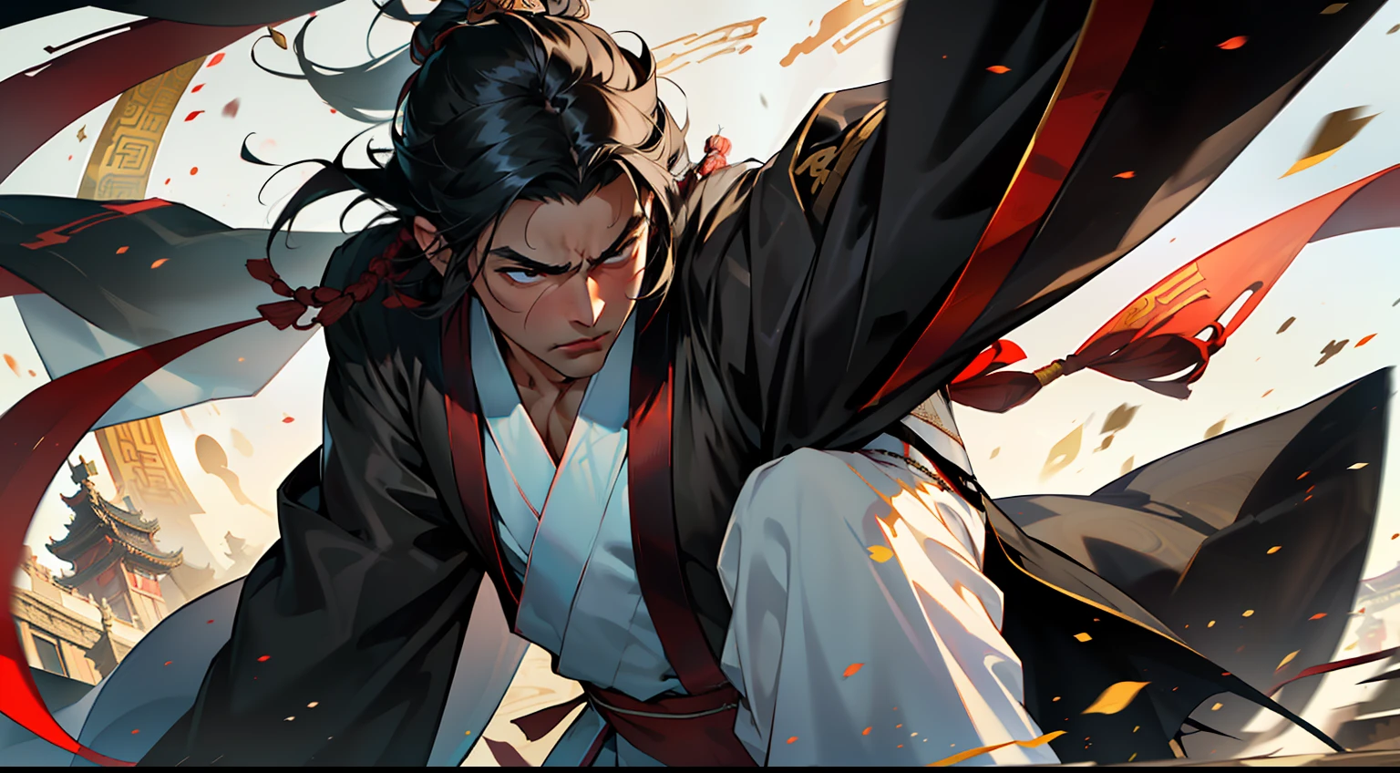 31, (1 person) (boy, (((Black coat))), ((Black Hanfu youth)), (((Black hair))), kingly air, gorgeous, handsome, outstanding temperament, his gaze condensed, and then he displayed his own unique skill, engaging in a fierce battle with the person in white clothes) (Background: Inside the sacred and magnificent ancient Chinese imperial palace).