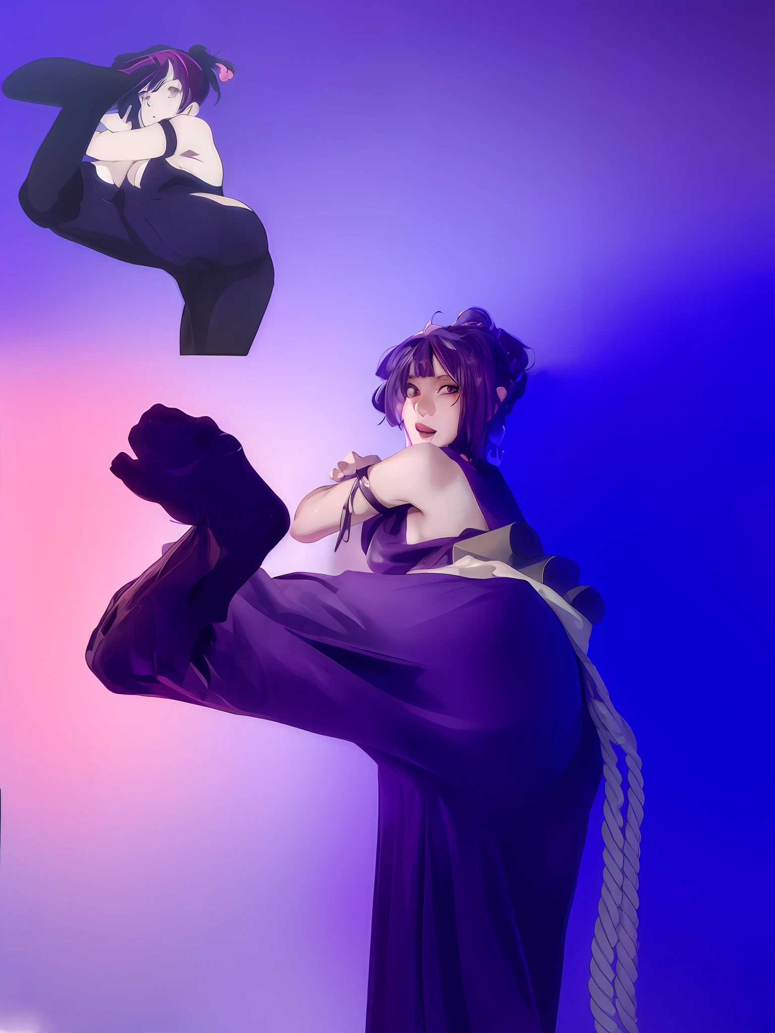 anime girl in purple outfit posing with her legs up in the air, juri han from street fighter, inspired by Kanō Hōgai, misato katsuragi, posing as a jojo character, inspired by Sakai Hōitsu, faye valentine from cowboy bebop, takato yomamoto. 4 k, inspired by Tsubasa Nakai