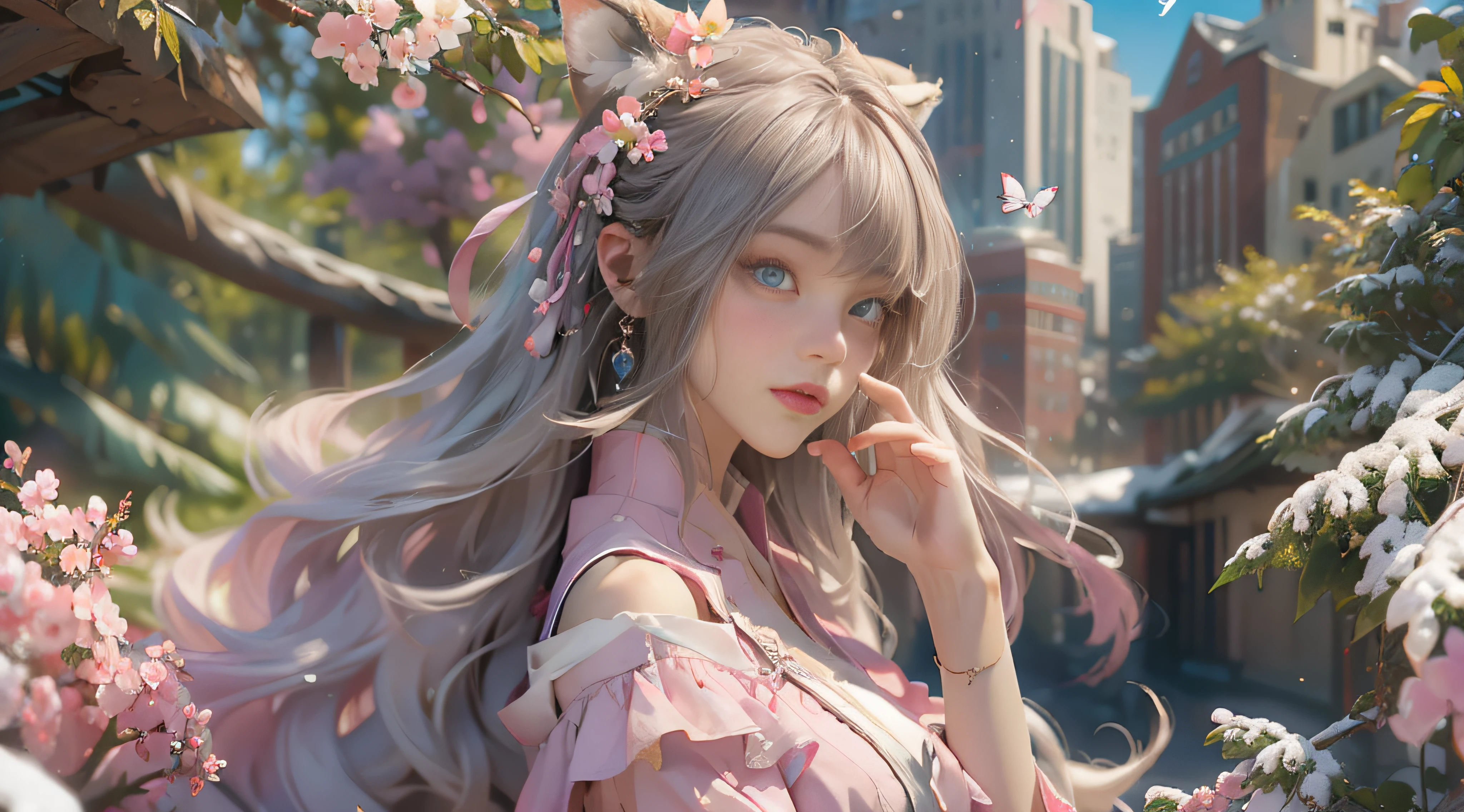 ((best qualtiy)), ((tmasterpiece)), (detail:1.4), Beautiful cyberpunk female images,hdr(HighDynamicRange),Ray traching,NVIDIA RTX,Hyper-Resolution,illusory 5,sub surface scattering,PBR textures,post-proces,Anisotropy Filtering,depth of fields,maximum definition and sharpness,Many-Layer Textures,Albedo e mapas Speculares,Surface coloring,Mitsu-Accurate simulation of material interactions,perfectly proportioned,rendering by octane,Two-colored light,largeaperture,Low ISO,White balance,Rule three points、8K raw data、Beautiful bright blue pupils,off-the-shoulder clothes,Fine pupils,Delicate face and eyes,long eyelasher,Blushlush,Delicate and fluffy hair,pink lip,Pure,Cute face,Sweet girl,Artistic sense,Casual wear,Advancedsense,butterflys,Cherry blossom petal,Beautiful hair accessories,Long hair and waist,Hair fluttering in the wind,Snow-white fox ears,curlies