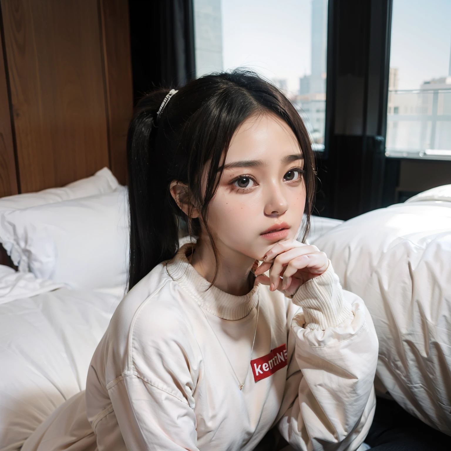 Black hair,white skinned,Red sweatshirt,Kizi,largeeyes,gentleness,The upper part of the body,pony tails,High Picture Quality,Bright eyes,In the bedroom,The hands are a little thinner
