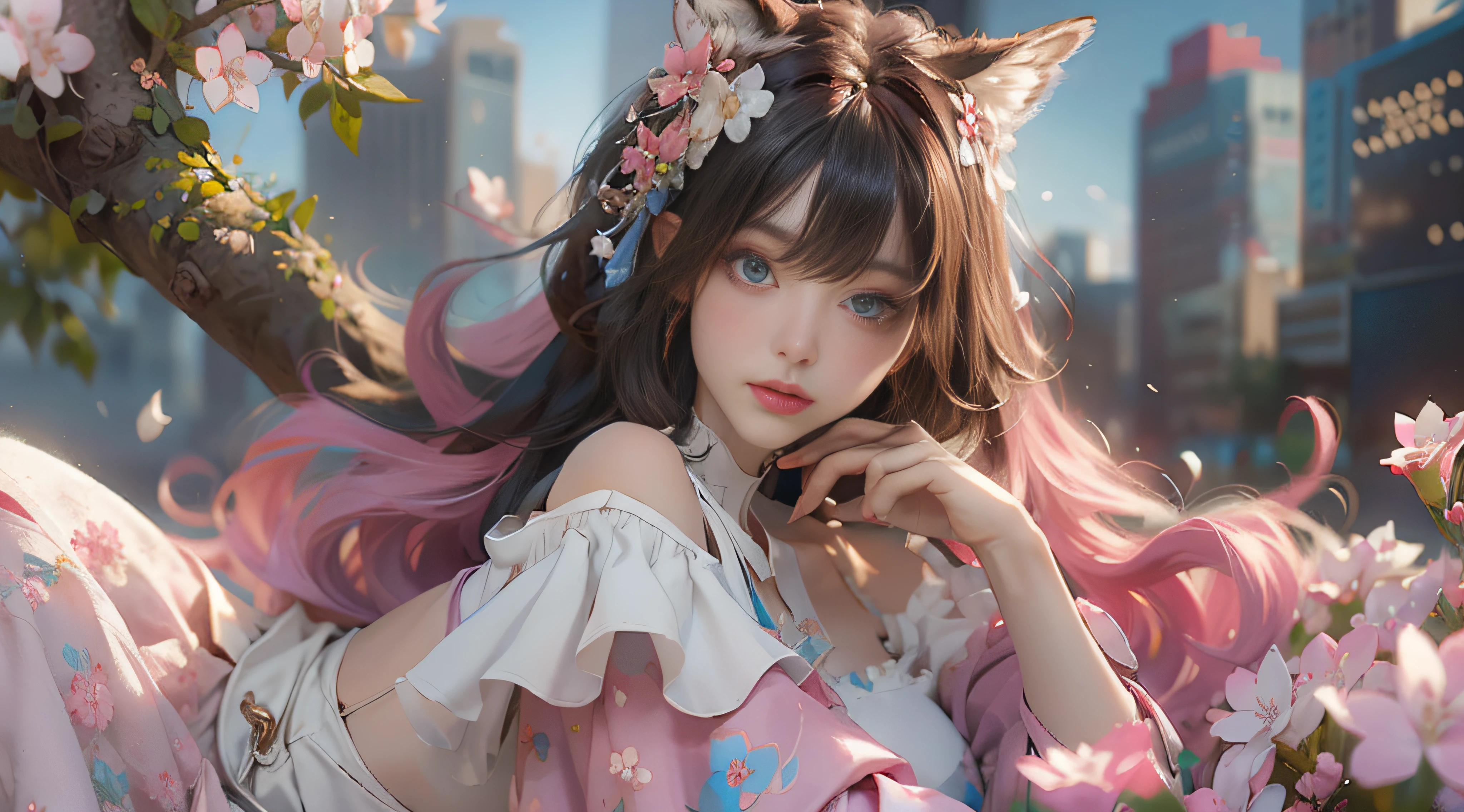((best qualtiy)), ((tmasterpiece)), (detail:1.4), Beautiful cyberpunk female images,hdr(HighDynamicRange),Ray traching,NVIDIA RTX,Hyper-Resolution,illusory 5,sub surface scattering,PBR textures,post-proces,Anisotropy Filtering,depth of fields,maximum definition and sharpness,Many-Layer Textures,Albedo e mapas Speculares,Surface coloring,Mitsu-Accurate simulation of material interactions,perfectly proportioned,rendering by octane,Two-colored light,largeaperture,Low ISO,White balance,Rule three points、8K raw data、Beautiful bright blue pupils,off-the-shoulder clothes,Fine pupils,Delicate face and eyes,long eyelasher,Blushlush,Delicate and fluffy hair,pink lip,Pure,Cute face,Sweet girl,Artistic sense,Casual wear,Advancedsense,butterflys,Cherry blossom petal,Beautiful hair accessories,Long hair and waist,Hair fluttering in the wind,Snow-white fox ears,curlies