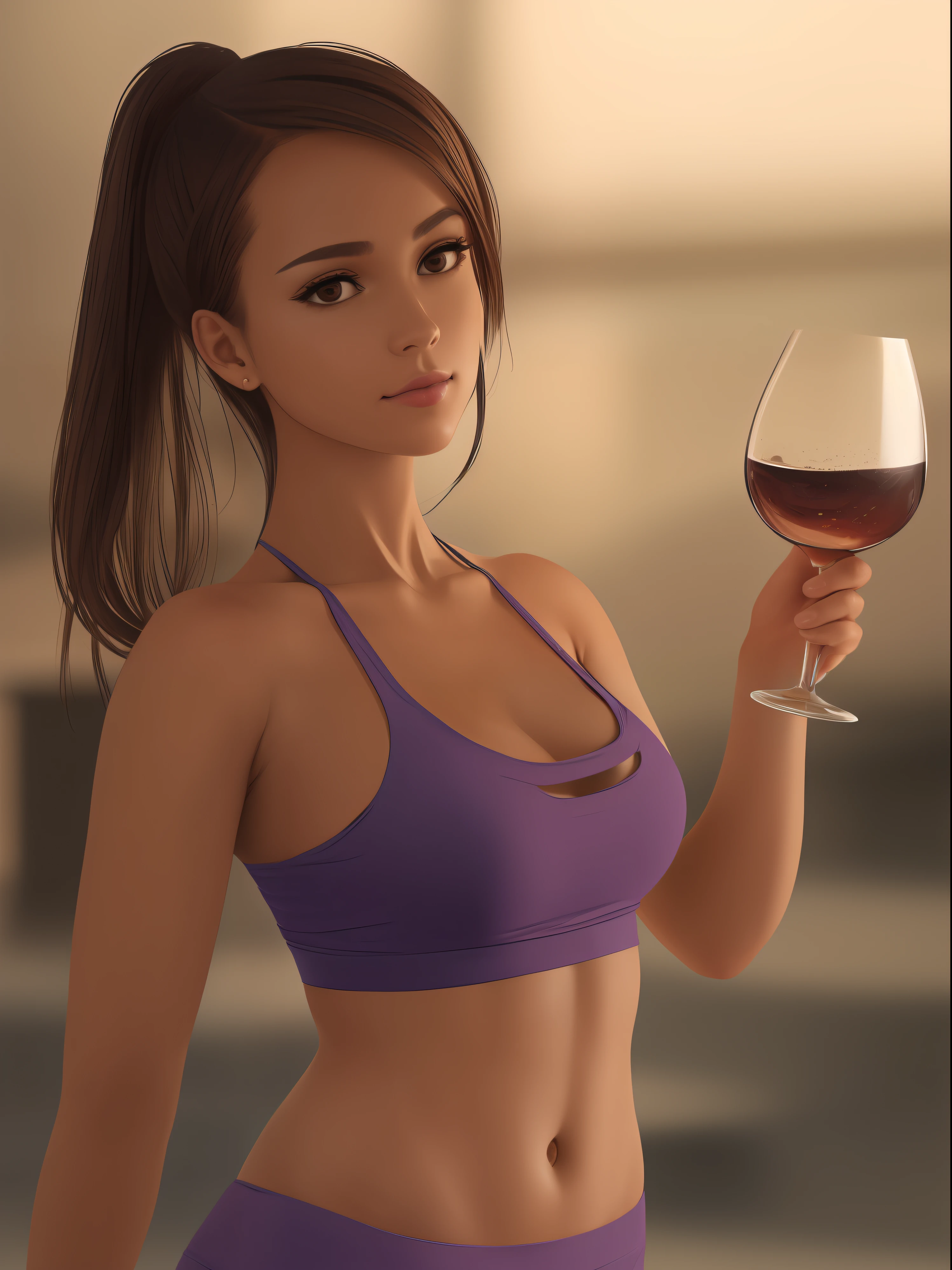 She looks a bit like Jessica Alba, Beautiful Brazilian girl, brown hair in a ponytail, 18 years old, beautiful thin figure symmetrical eyes, (beautifully detailed face, beautiful detailed eyes), dramatic lighting, (photo realism:1. 4), realistic, sharp focus, HD, highly complex, intricate, photography, hyperrealism, hyperrealistic, raytracing, physics-based rendering, ((8k, RAW photo, masterpiece), High detail RAW color photo, (highest quality), (best shadow), (best illustration), ultra high resolution, highly detailed CG unified 8K wallpapers), rim lighting, vivid color, post-processing, vibrant, color grading, Posing in a vineyard, wearing tight leggings and a sports bra, showing her butt, holding a glass of white wine