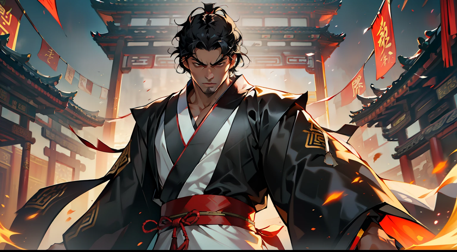 31, (1 person) (boy, (((Black coat))), ((Black Hanfu youth)), (((Black hair))), kingly air, gorgeous, handsome, outstanding temperament, his gaze condensed, and then he displayed his own unique skill, engaging in a fierce battle with the person in white clothes) (Background: Inside the sacred and magnificent ancient Chinese imperial palace).