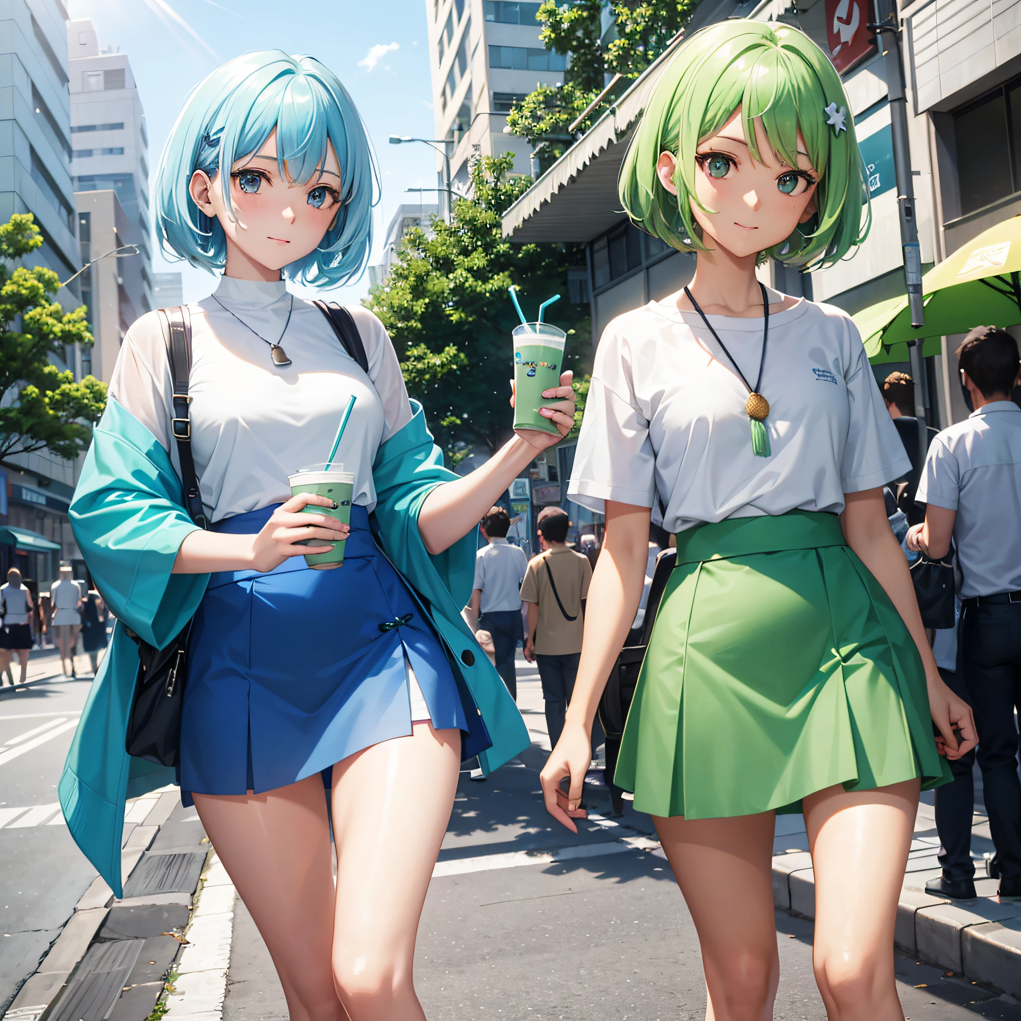 A blue and green gradient hair,Melon seed face,Light blue casual skirt,White top,Simple,Anime style,Shinkai sincerely,rays of sunshine,the street,A milk tea cup with,umbrella,Anime style,4k