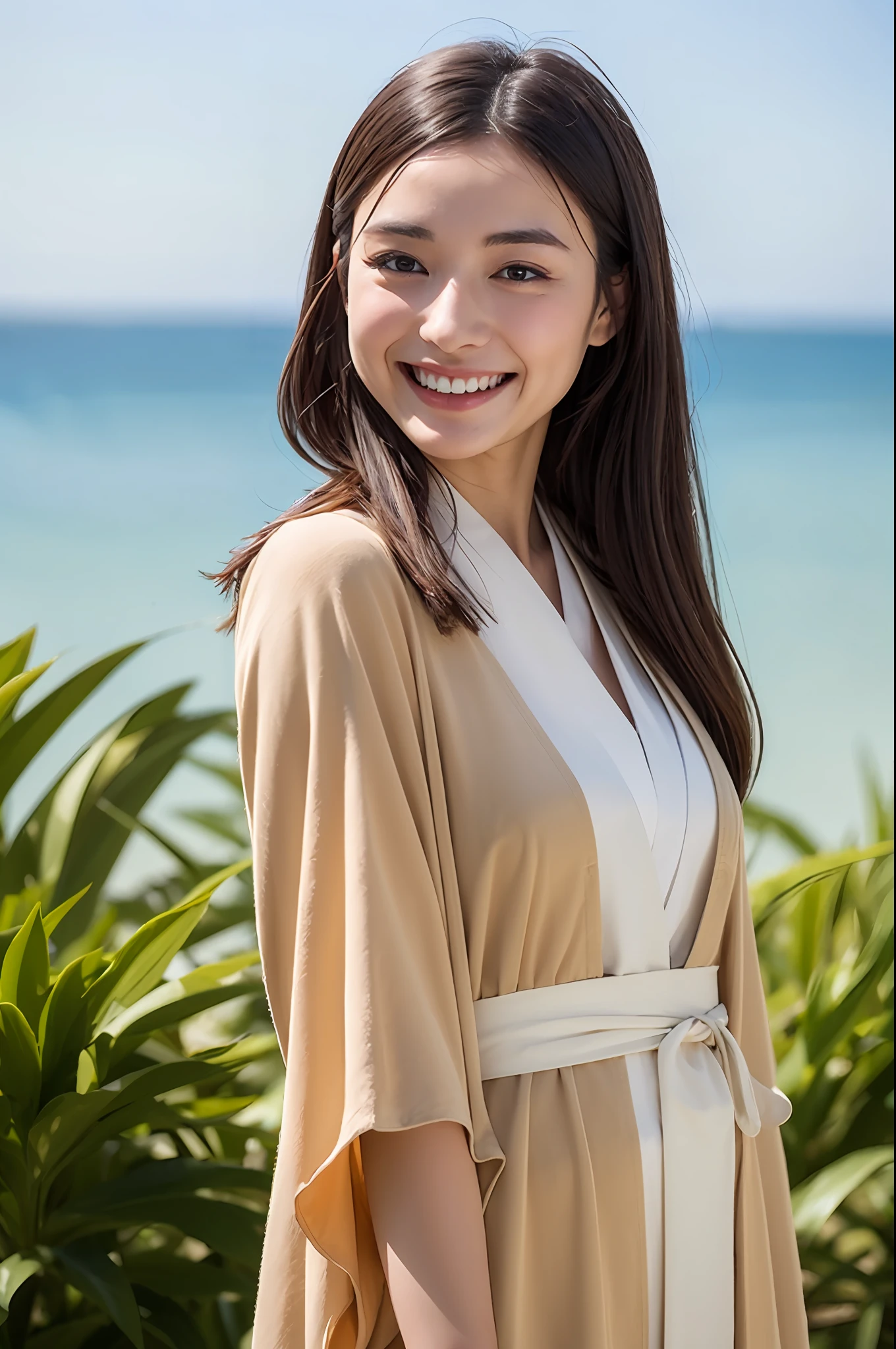 beautiful japanese female、Beautiful kimono、top-quality、masterpiece、超A high resolution、Photorealsitic、Look at the horizon、A smile、Blurred background