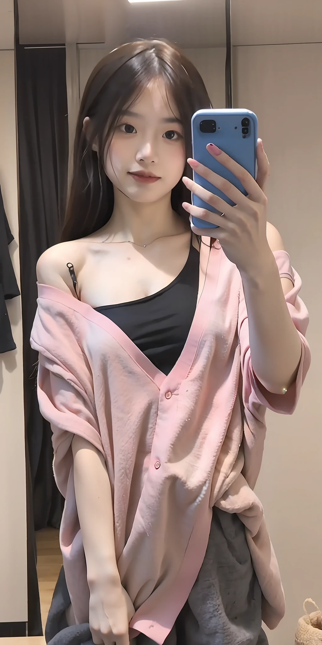 (extremely detailed CG unity 8k wallpaper,masterpiece, best quality, ultra-detailed),(best illumination, best shadow, an extremely delicate and beautiful),floatking,high saturated,The clothes are required to be bare shoulder by the material of the shirt,The background is in a modern décor guesthouse,Taking a selfie with his phone reveals Scissorhands Biye