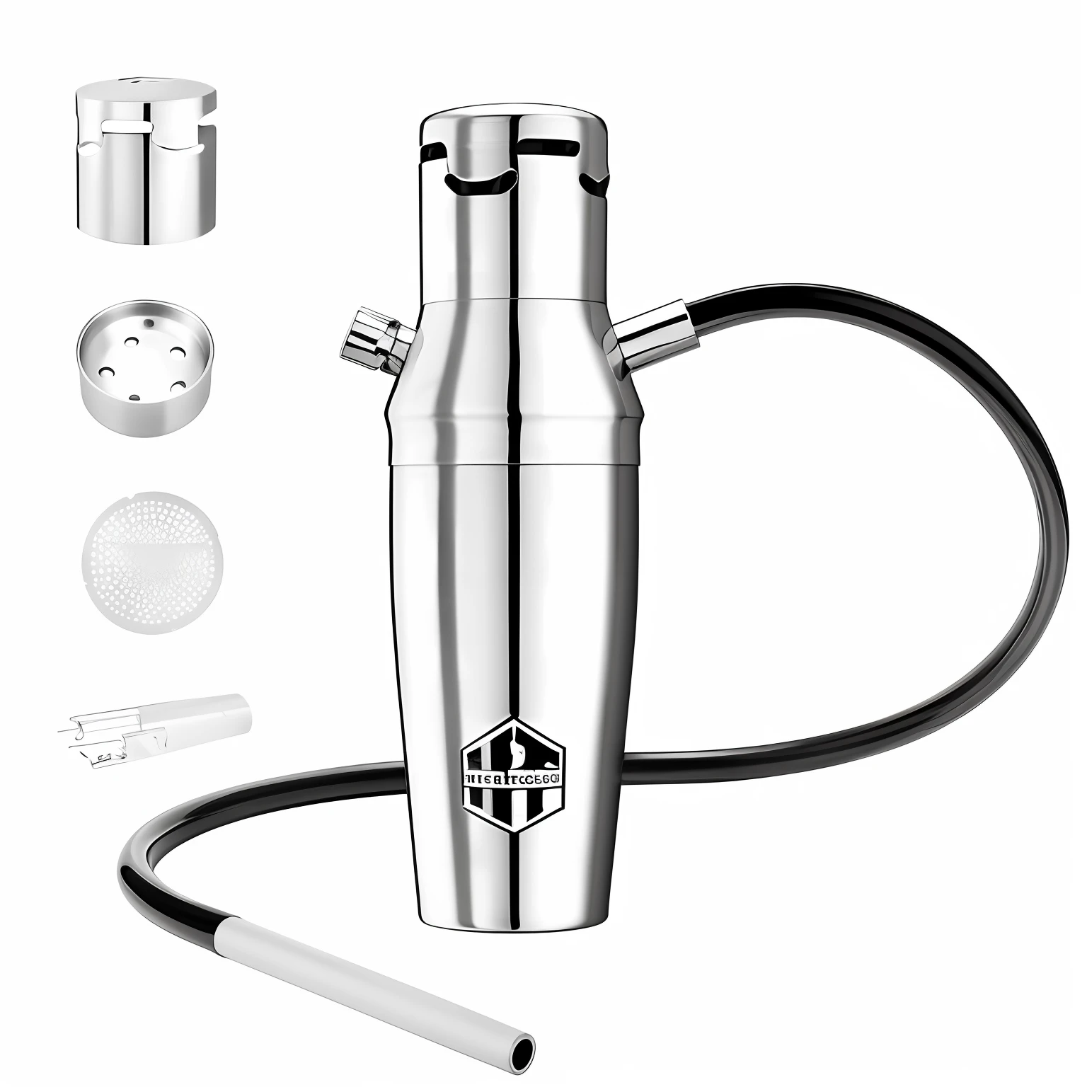 Close-up of silver-toned wine vessel with hose, detailed product photo, product image, mate, higly, Beautiful view, Titanium, universal, depiction, highly polished, 8 0 k, 80k, stunning screenshot, commissioned, professional product photo, hyper realisitc, Product photo, scuta, Official product photo, high quality screenshot