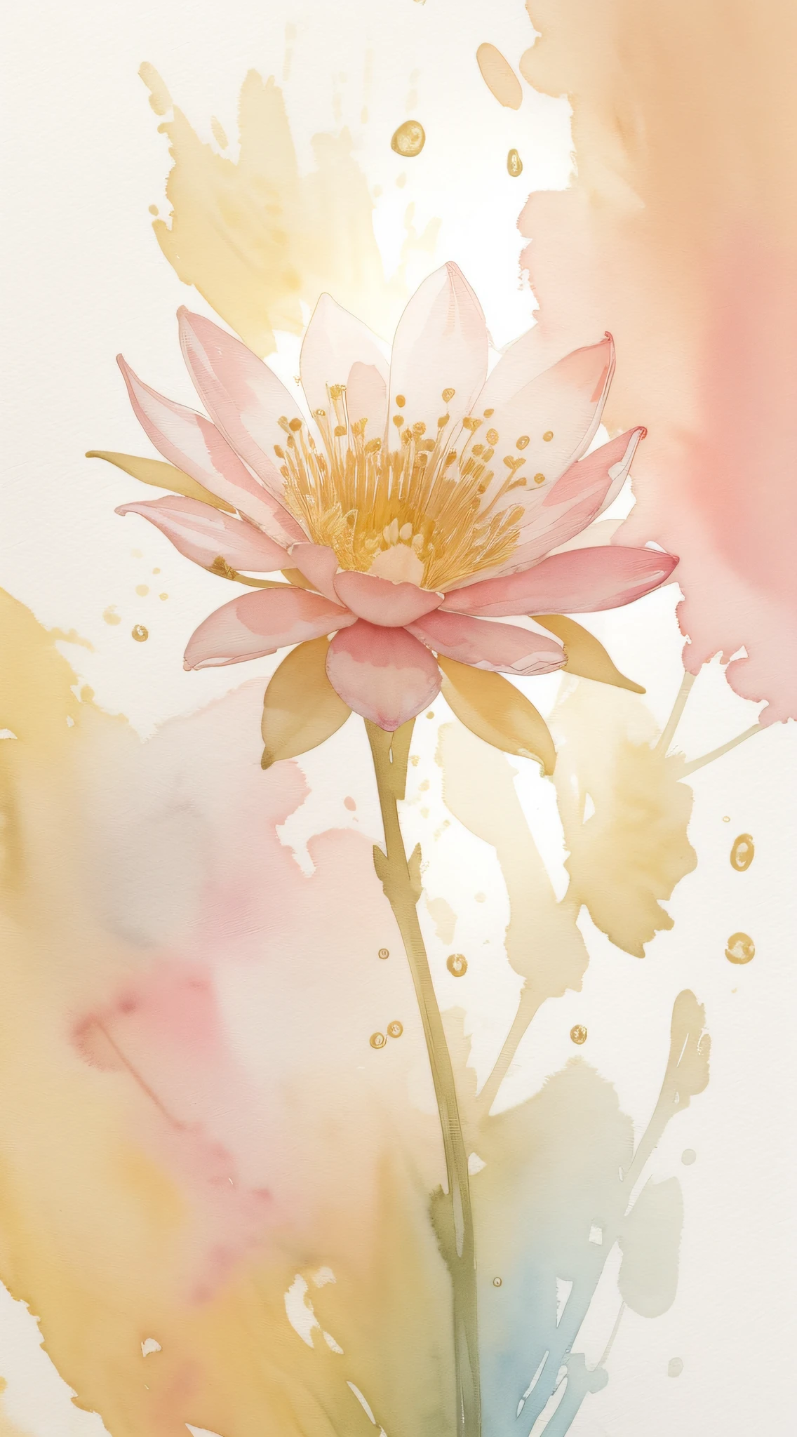 Watercolor flower painting isolated on high-end background、watercolor paiting、Splash technology reproduces wet conditions、Blurred atmosphere、Unique composition、Abstract representation、Contains surrealist elements、Pale tones、Pale pink and gold color scheme、high-resolution details、Ink splash effect、Light shades。
