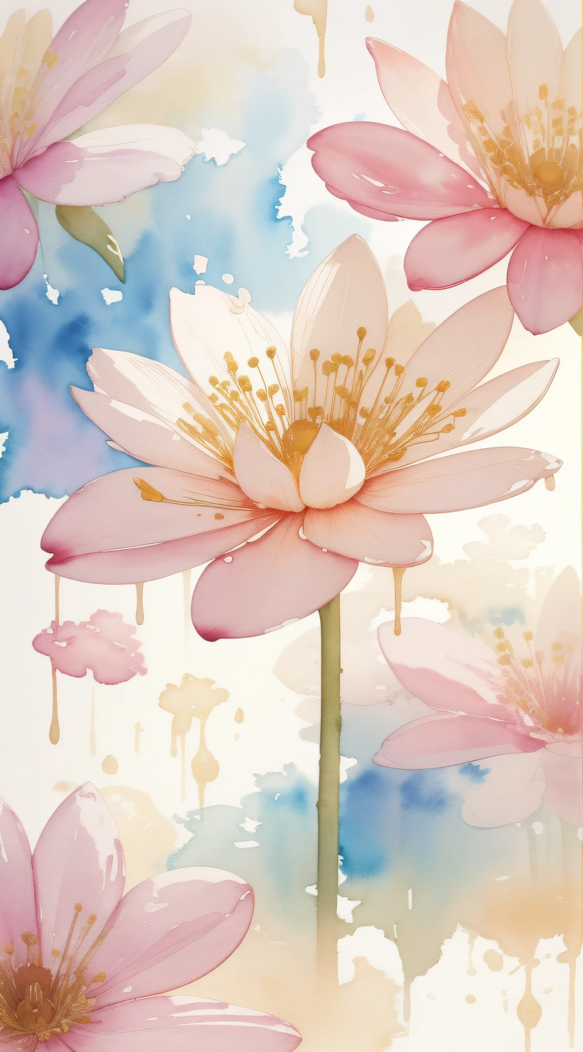 Watercolor flower painting isolated on high-end background、watercolor paiting、Splash technology reproduces wet conditions、Blurred atmosphere、Unique composition、Abstract representation、Contains surrealist elements、Pale tones、Pale pink and gold color scheme、high-resolution details、Ink splash effect、Light shades。