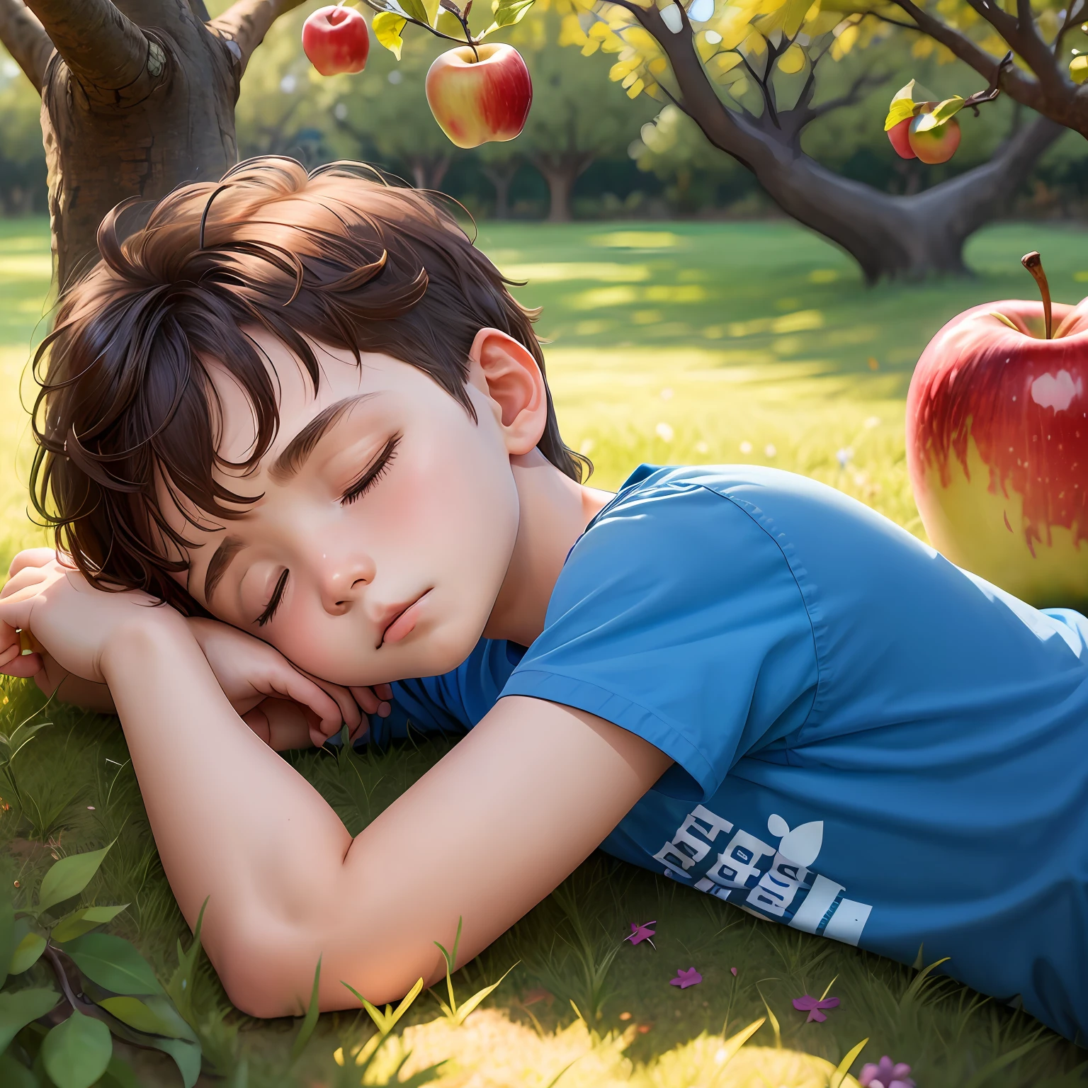 A sleeping next to an apple tree. The boy is sm cerca de 5 anos de idade. Ele tem cabelos castanhos e olhos azuis. He's dressed in a blue T-shirt and jean shorts. He's lying on the ground, with his head resting on one arm. Ele parece estar dormindo profundamente. The apple tree is behind him, com seus galhos cheios de frutas vermelhas. The sun is shining and the sky is blue. The image is calm and peaceful.